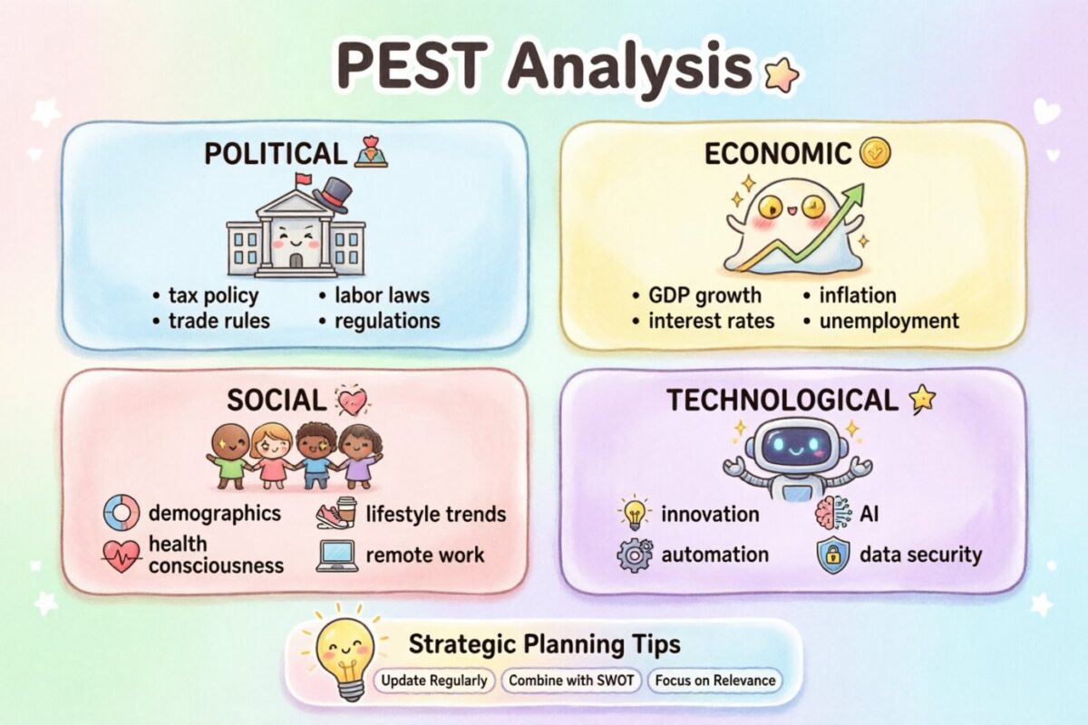 Aufschlüsselung der PEST-Analyse: Die Entschlüsselung politischer, wirtschaftlicher, sozialer und technologischer Faktoren