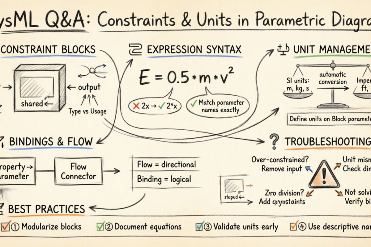 SysML Q&A: Klärung von Verwirrungen bezüglich Einschränkungs-Ausdrücke und Einheiten in parametrischen Diagrammen