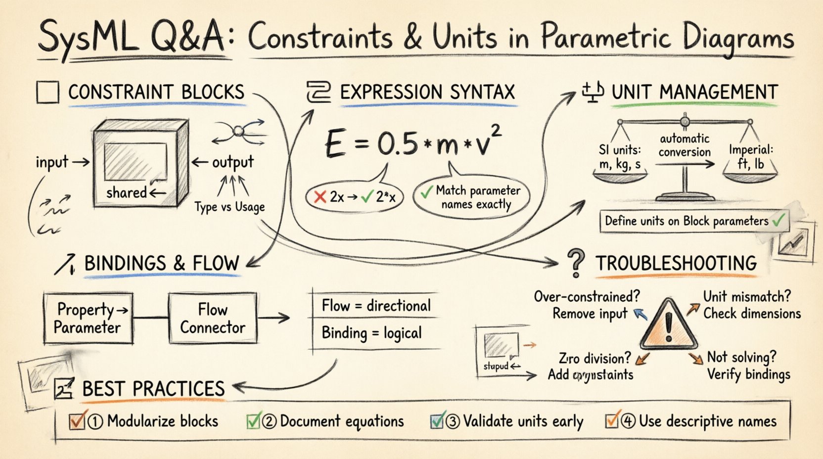 SysML Q&A: Klärung von Verwirrungen bezüglich Einschränkungs-Ausdrücke und Einheiten in parametrischen Diagrammen