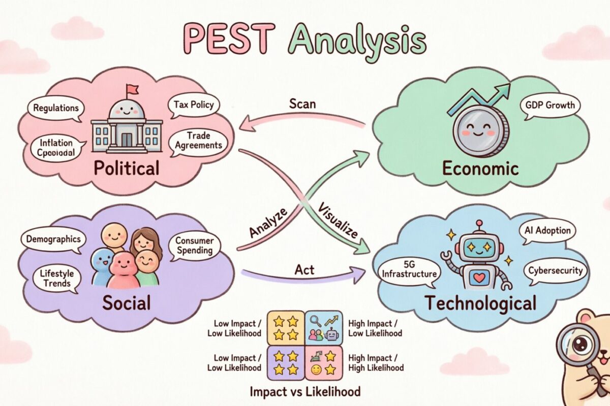 Panduan Visual tentang Analisis PEST: Memetakan Gaya Eksternal untuk Pengambilan Keputusan yang Lebih Jelas