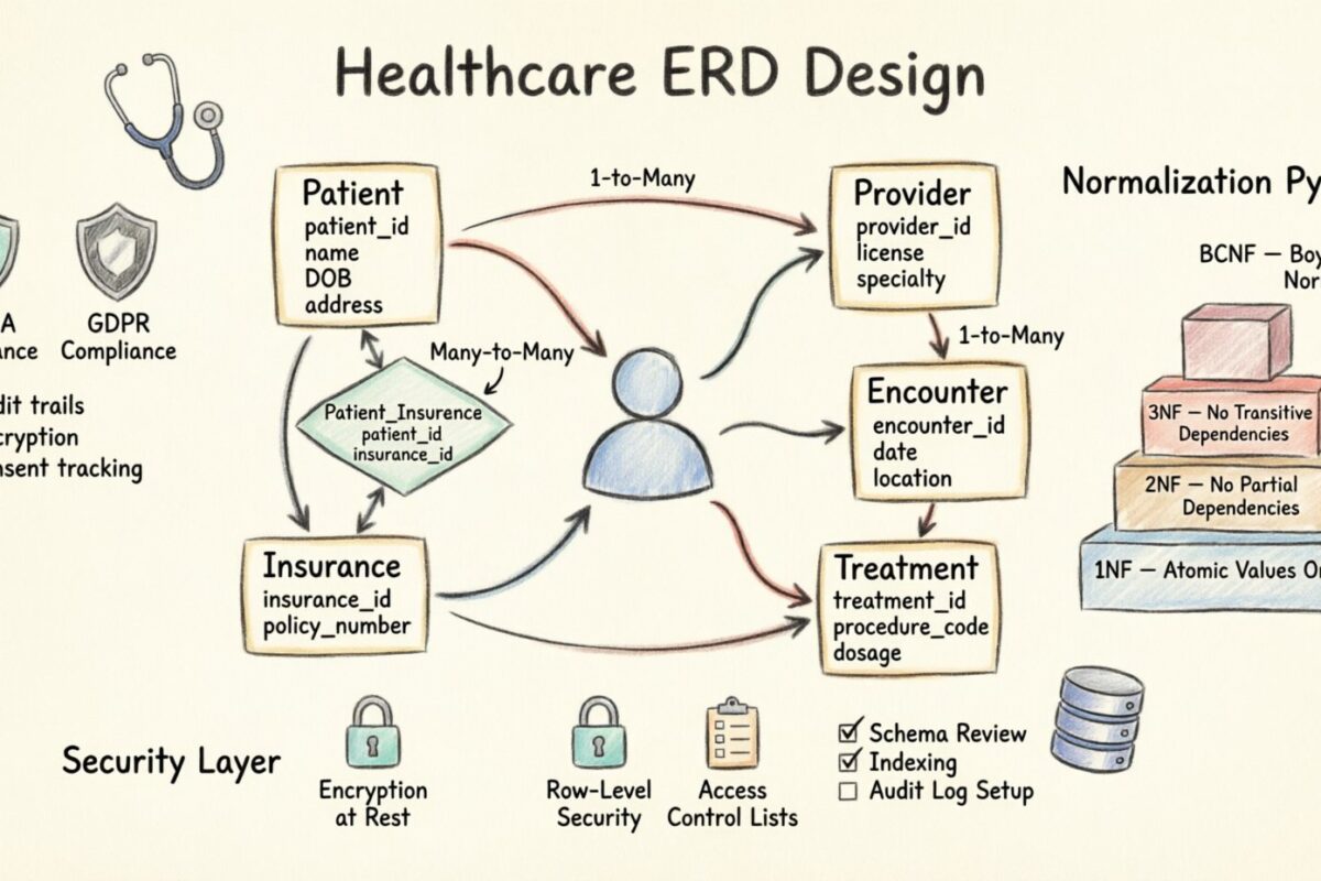 स्वास्थ्य सेवा ERD डिजाइन: सटीकता और अनुपालन के साथ रोगी डेटा का मॉडलिंग स्वास्थ्य सेवा ERD डिजाइन: सटीकता और अनुपालन के साथ रोगी डेटा का मॉडलिंग