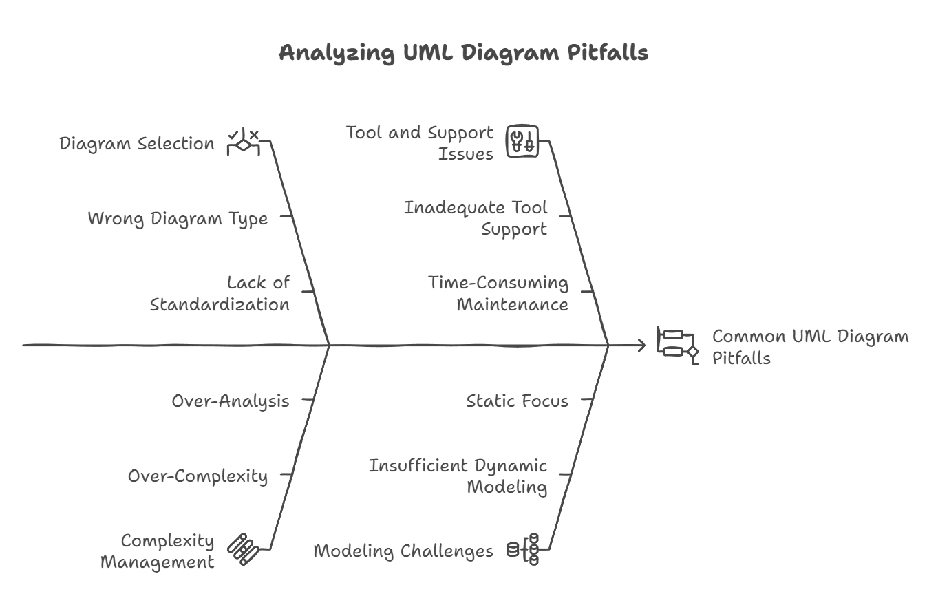 Quais são os armadilhas comuns ao usar diagramas UML no desenvolvimento de software