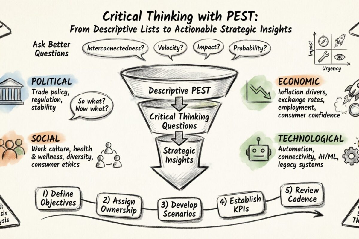 Pensamento Crítico com PEST: Passando de Listas Descritivas para Insights Estratégicos Açãoáveis