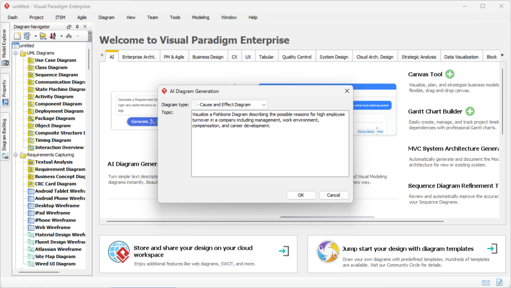 Phân tích tỷ lệ nhân viên nghỉ việc cao: Hướng dẫn tạo biểu đồ xương cá AI cho Visual Paradigm