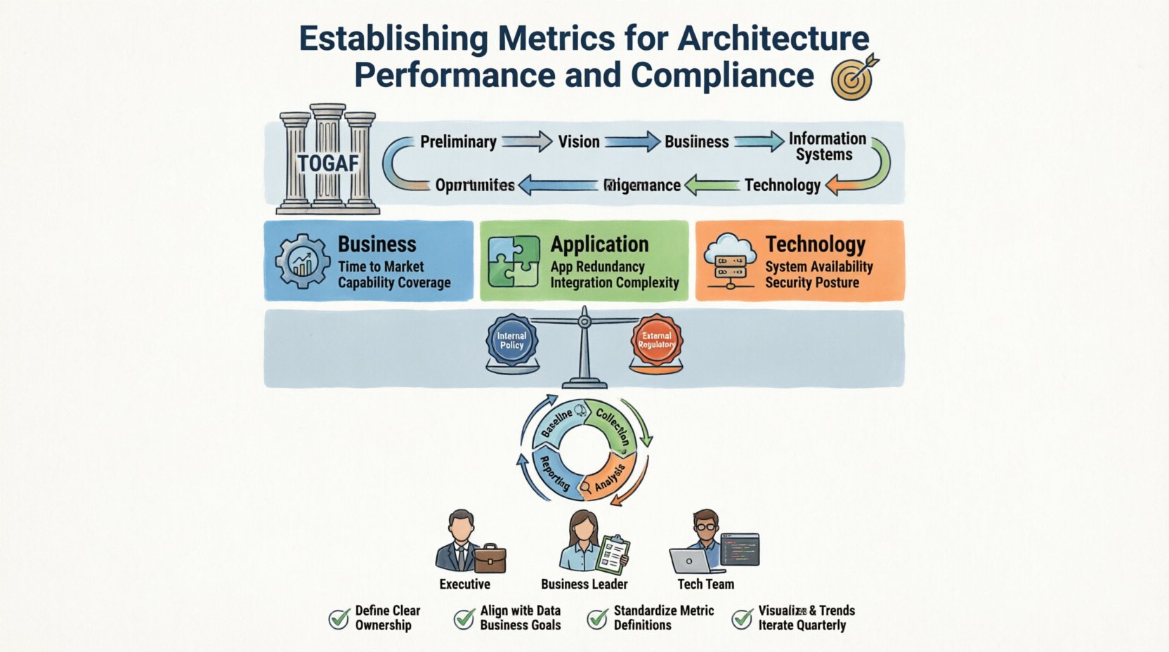 Cartoon-style infographic summarizing how to establish metrics for enterprise architecture performance and compliance within the TOGAF framework, featuring strategic necessity, three metric categories (Business, Application, Technology), compliance standards, measurement lifecycle cycle, stakeholder communication strategies, and best practices checklist