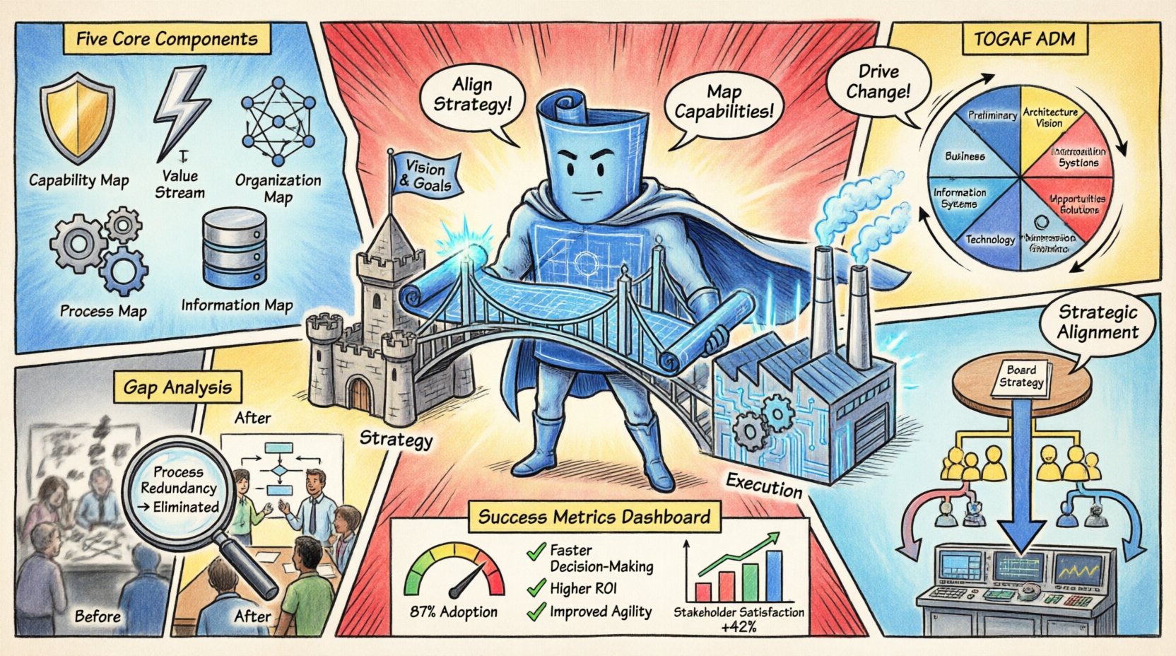 Comic book style infographic illustrating how Business Architecture supports organizational change, featuring core components like capability maps and value streams, the TOGAF ADM framework cycle, gap analysis process, strategic alignment concepts, and success metrics, all designed with bold comic aesthetics to visualize the bridge between business strategy and execution