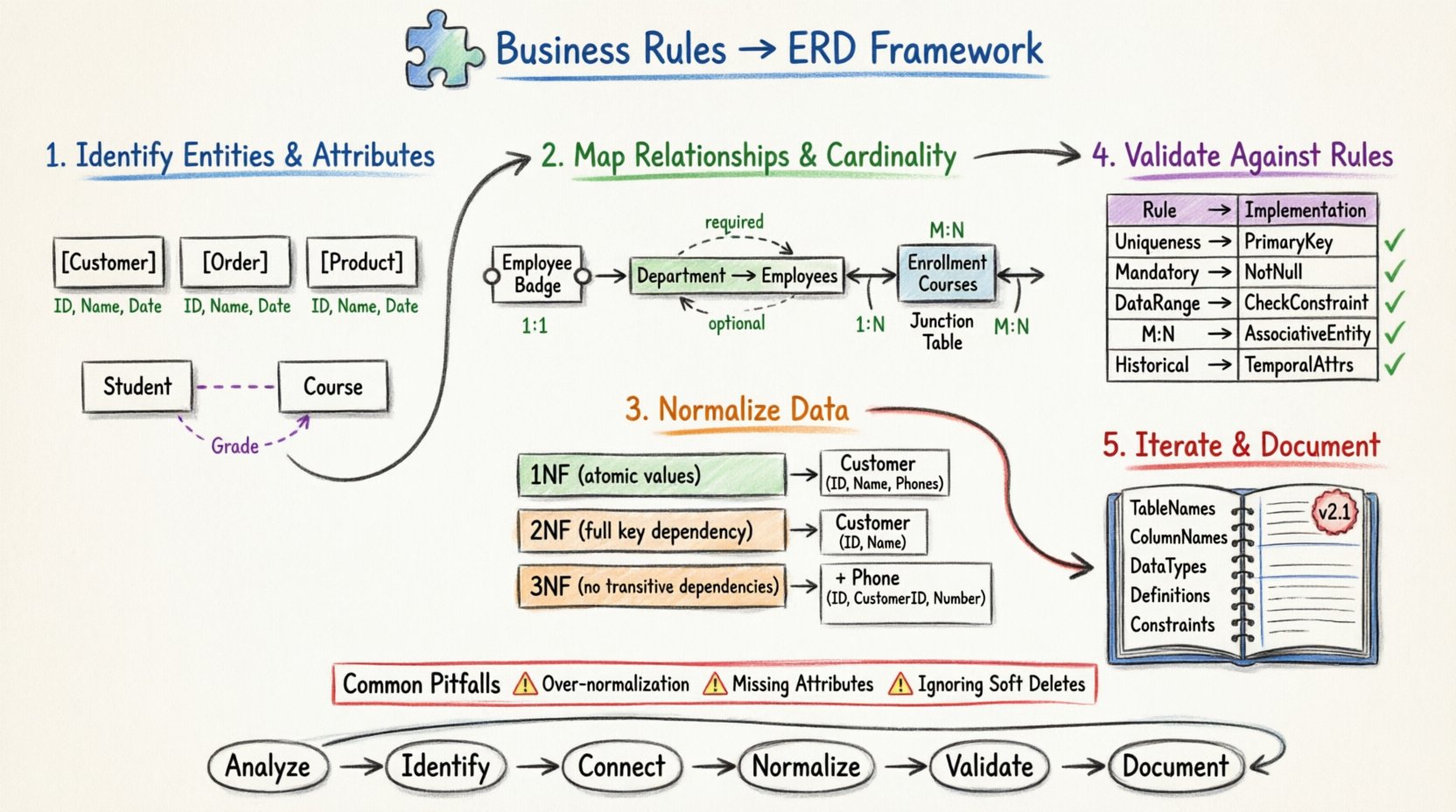 Hand-drawn whiteboard infographic illustrating the 5-step framework for translating business rules into Entity Relationship Diagrams (ERD): identify entities and attributes, map relationships and cardinality (1:1, 1:N, M:N), apply normalization forms (1NF, 2NF, 3NF), validate against business constraints, and iterate with documentation. Includes visual examples of associative entities, junction tables, optionality symbols, common pitfalls, and a data dictionary checklist for robust database design.