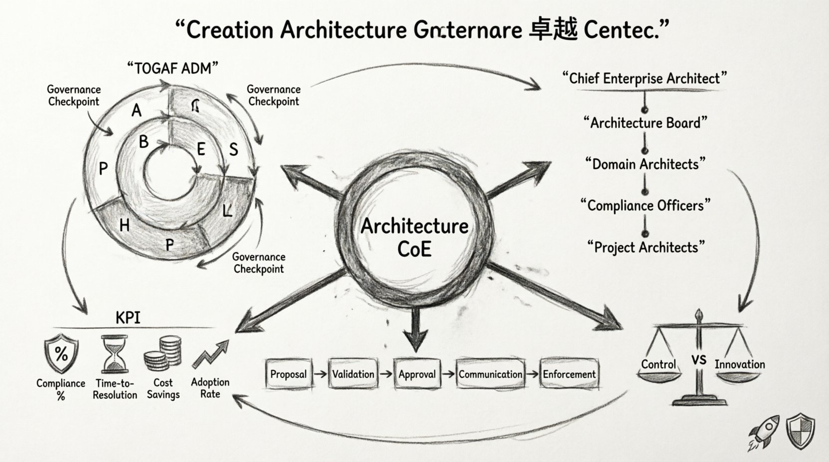 Charcoal sketch infographic illustrating a Center of Excellence for Architecture Governance: central CoE hub connected to TOGAF ADM cycle phases, organizational roles hierarchy (Chief Enterprise Architect, Architecture Board, Domain Architects), governance workflow process, KPI metrics dashboard, and balance of control versus innovation, all rendered in hand-drawn contour style with cross-hatching shading