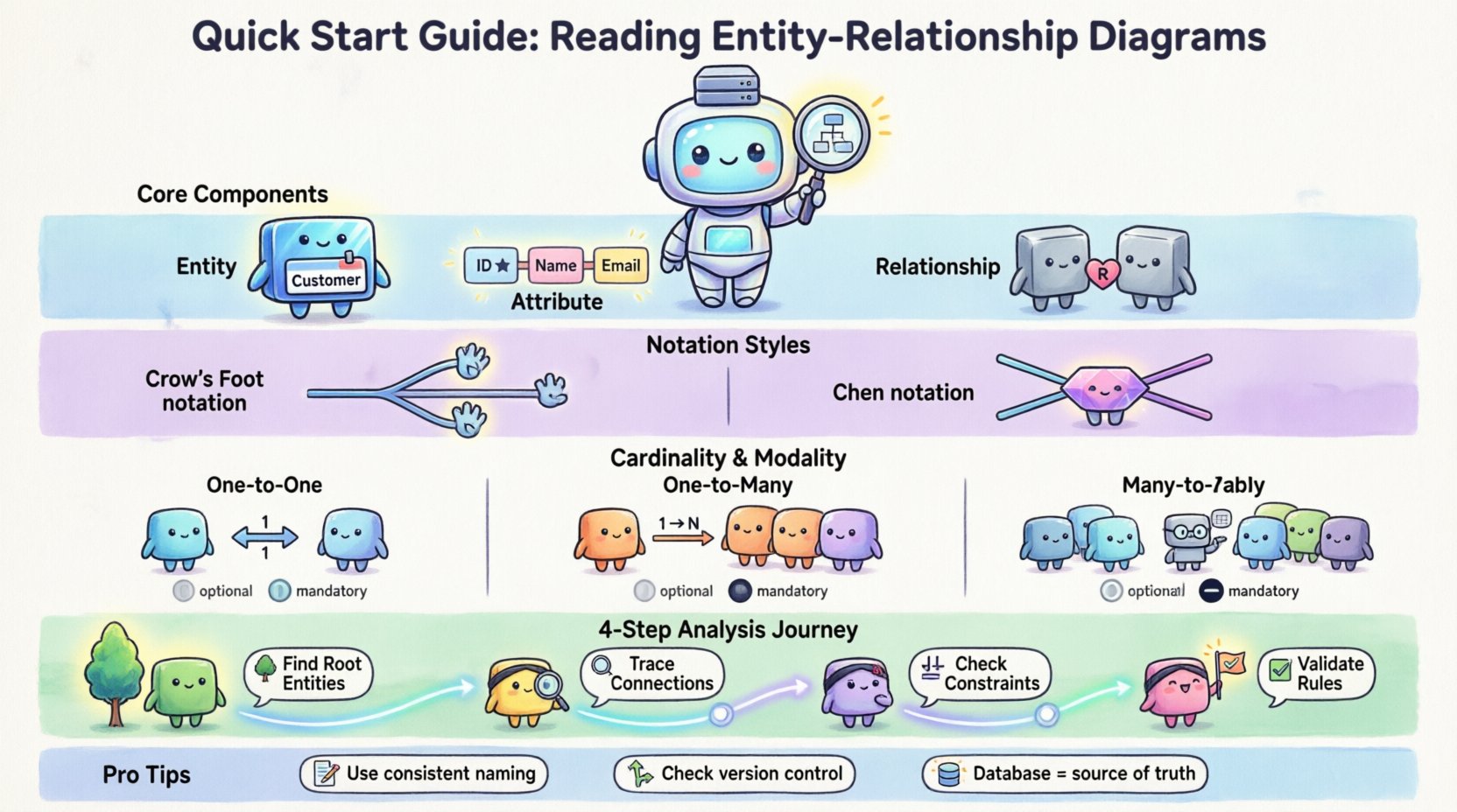 Chibi-style infographic guide for reading Entity-Relationship Diagrams featuring cute characters illustrating core components (entities, attributes, relationships), notation comparison (Crow's Foot vs Chen), cardinality types (1:1, 1:N, M:N), modality symbols (optional/mandatory), and a 4-step analysis process for interpreting database schemas