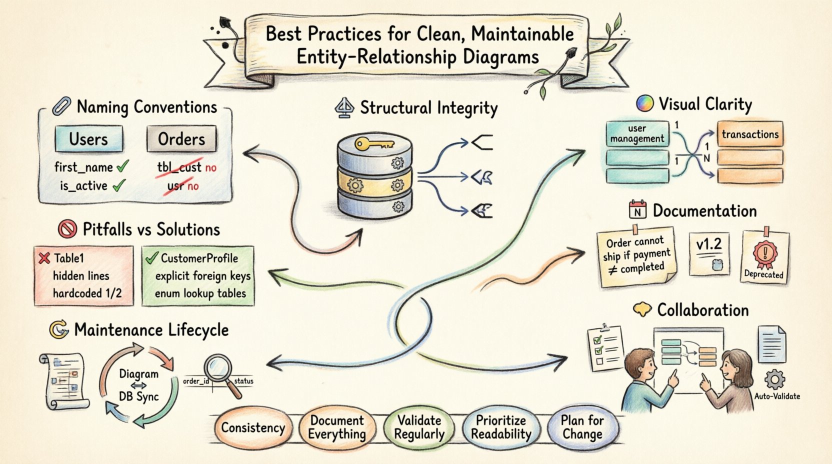 Hand-drawn infographic illustrating 7 best practices for clean, maintainable Entity-Relationship Diagrams: naming conventions with plural entities and snake_case attributes, structural integrity with primary/foreign keys and crow's foot notation, visual clarity through grouped entities and orthogonal lines, documentation with version control and business rule annotations, collaboration via peer reviews and standardized templates, maintenance lifecycle with schema sync and migration scripts, and common pitfalls to avoid like generic names and hidden relationships. Features sketch-style organic illustration with muted blues, warm grays, and accent colors on textured paper background, designed for software engineers and database architects.