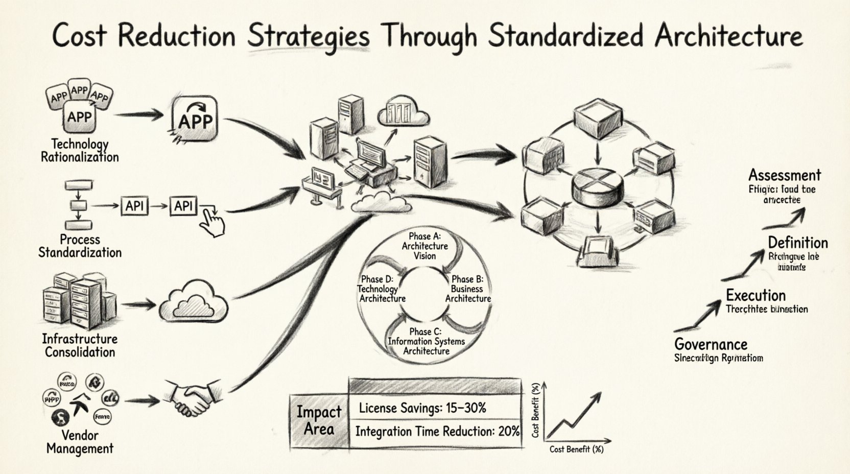 Charcoal contour sketch infographic illustrating cost reduction strategies through standardized enterprise architecture, featuring TOGAF framework phases, four core strategies (technology rationalization, process standardization, infrastructure consolidation, vendor optimization), impact analysis with ROI metrics, and a four-phase implementation roadmap, rendered in monochrome hand-drawn artistic style