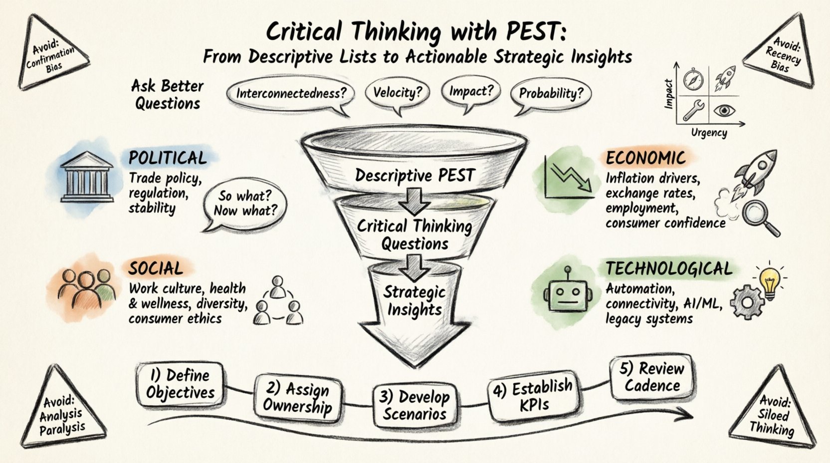 Hand-drawn infographic illustrating how to transform PEST analysis from descriptive lists into actionable strategic insights using critical thinking, featuring Political, Economic, Social, and Technological factors with key questions, an Impact/Urgency priority matrix, and a 5-step implementation roadmap for strategic planning