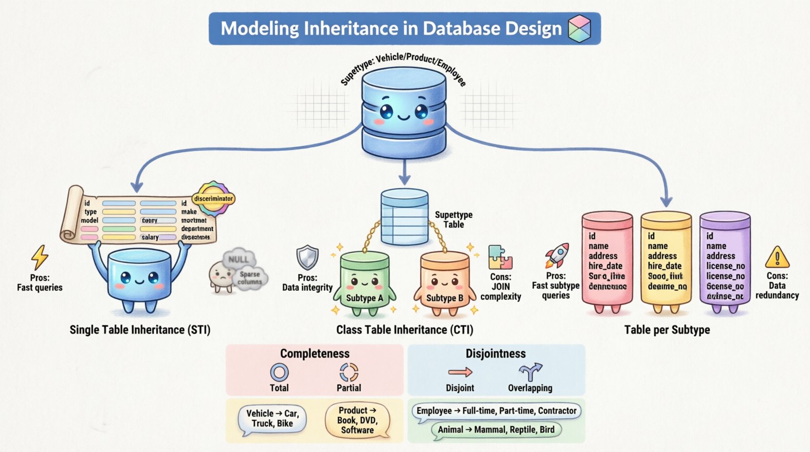 Chibi-style infographic explaining database inheritance modeling with supertypes and subtypes, illustrating three implementation strategies (Single Table, Class Table, and Concrete Table Inheritance), completeness and disjointness constraints, with cute character illustrations, pros/cons icons, and clear English labels for database schema design education