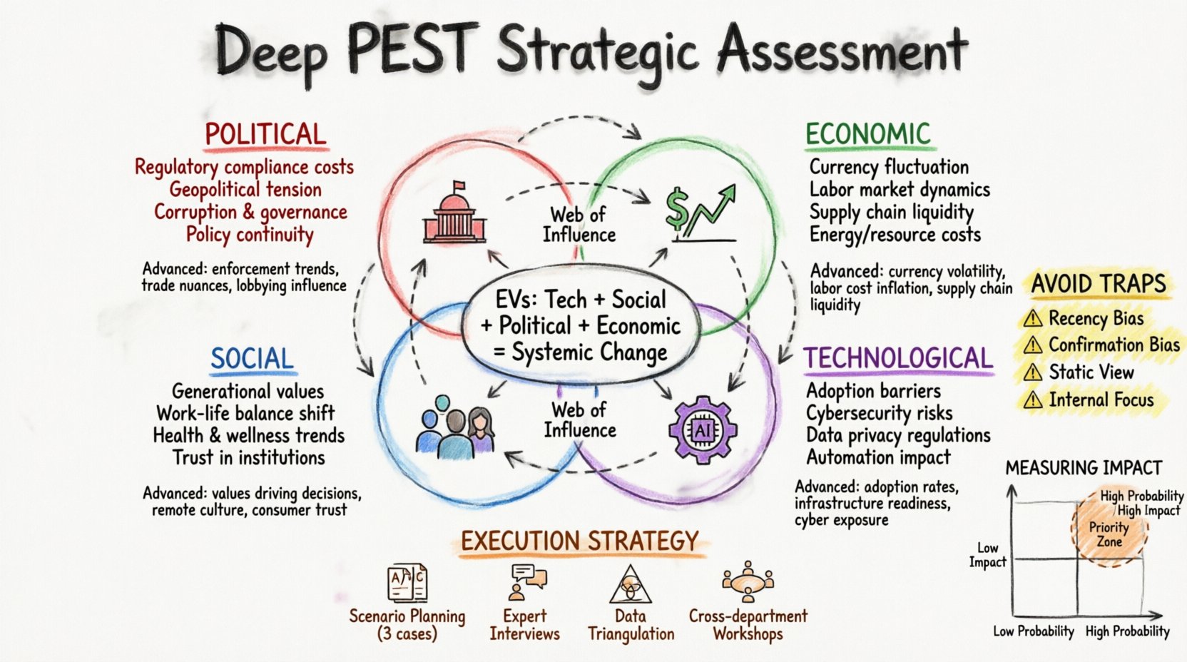 Hand-drawn whiteboard infographic illustrating advanced PEST analysis framework with four interconnected quadrants: Political (red), Economic (green), Social (blue), and Technological (purple). Shows deep-dive factors like regulatory compliance costs, currency fluctuation, generational values, and cybersecurity risks. Features web of influence connections, execution strategies including scenario planning and expert interviews, common analytical traps to avoid, and impact measurement matrix. Professional strategic assessment tool for business planning.