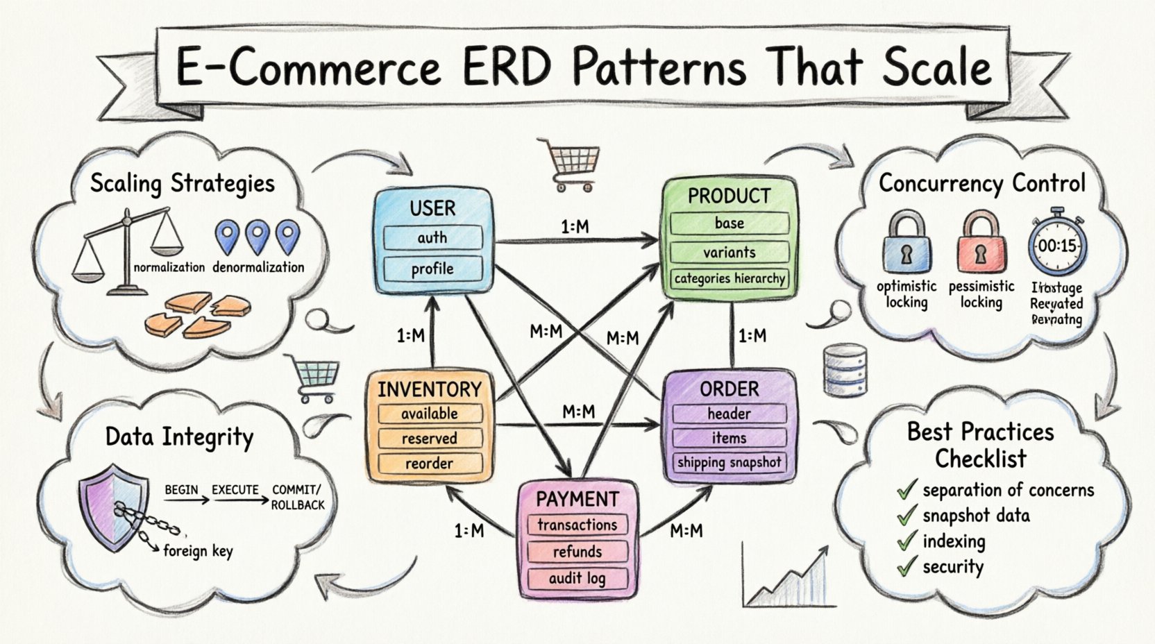 Hand-drawn infographic illustrating scalable e-commerce database ERD patterns with thick outline strokes, featuring central entity relationship diagram connecting User, Product, Inventory, Order, and Payment entities, surrounded by visual guides for normalization strategies, indexing techniques, concurrency controls, data integrity constraints, and best practices for high-volume online store architecture