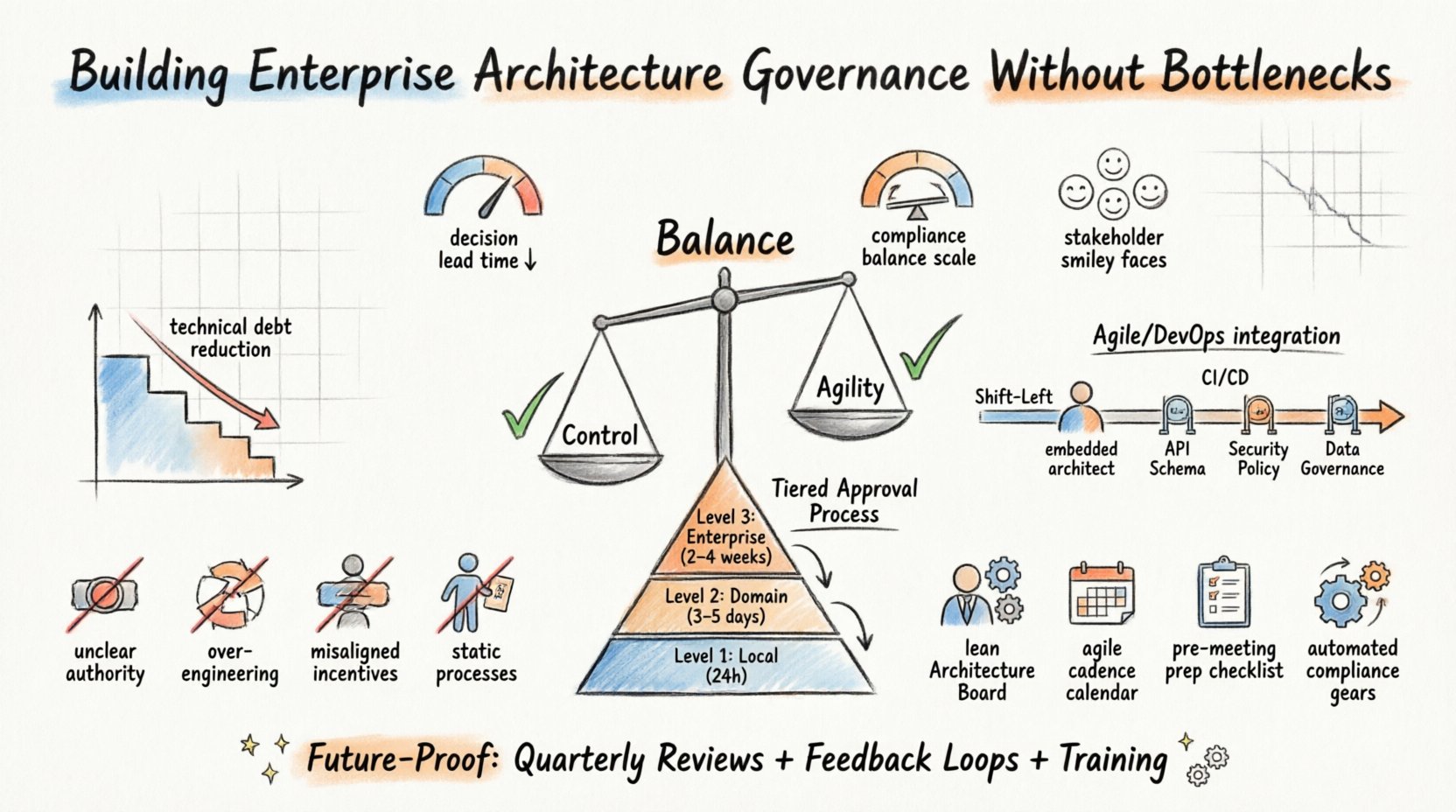 Hand-drawn infographic summarizing enterprise architecture governance strategies: tiered approval levels (Local, Domain, Enterprise), bottleneck solutions, key performance metrics, and Agile/DevOps integration to balance control with business agility using TOGAF principles