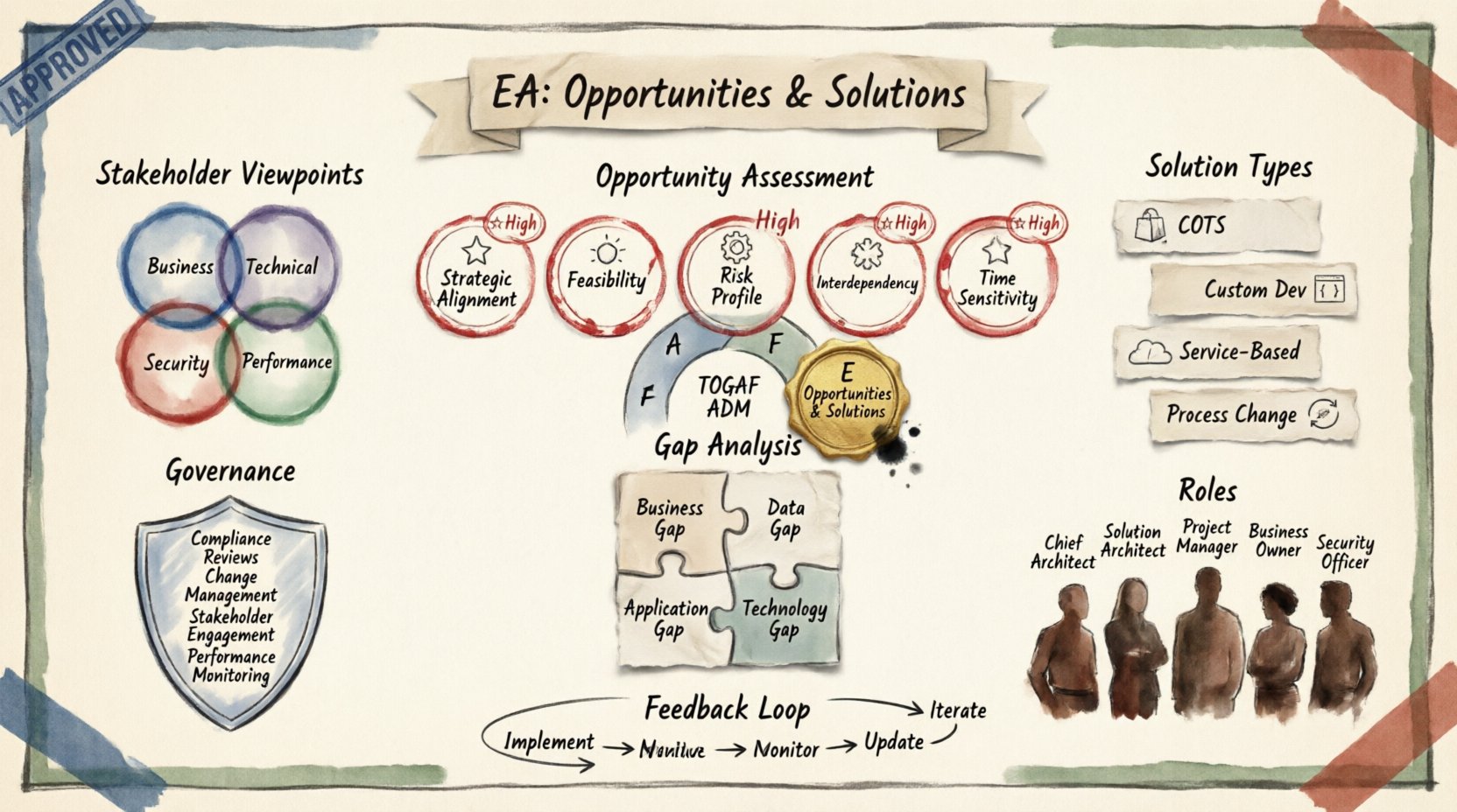 Infographic in stamp and washi tape craft style summarizing TOGAF Enterprise Architecture opportunity management: ADM phases A-F with Phase E highlighted, opportunity assessment criteria (strategic alignment, feasibility, risk, interdependency, time sensitivity), solution types (COTS, custom, service-based, process change), gap analysis components, governance activities, key roles, continuous improvement feedback loop, and stakeholder viewpoints for managing EA transformation initiatives