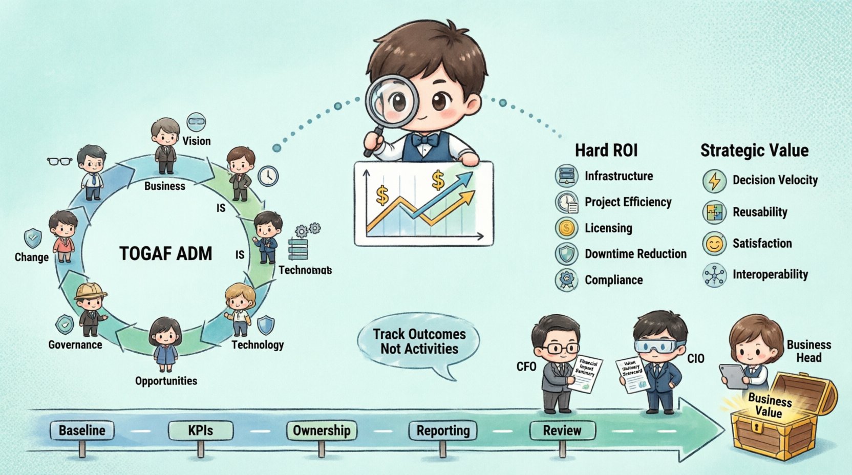 Chibi-style infographic illustrating proven methods for measuring ROI on Enterprise Architecture initiatives, featuring TOGAF ADM framework alignment, quantitative hard ROI metrics (infrastructure consolidation, project efficiency, licensing costs), qualitative strategic value indicators (decision velocity, reusability, satisfaction), five-step measurement framework, stakeholder communication strategies for CFO/CIO/business leaders, and best practices for continuous value realization with cute cartoon characters and visual data elements