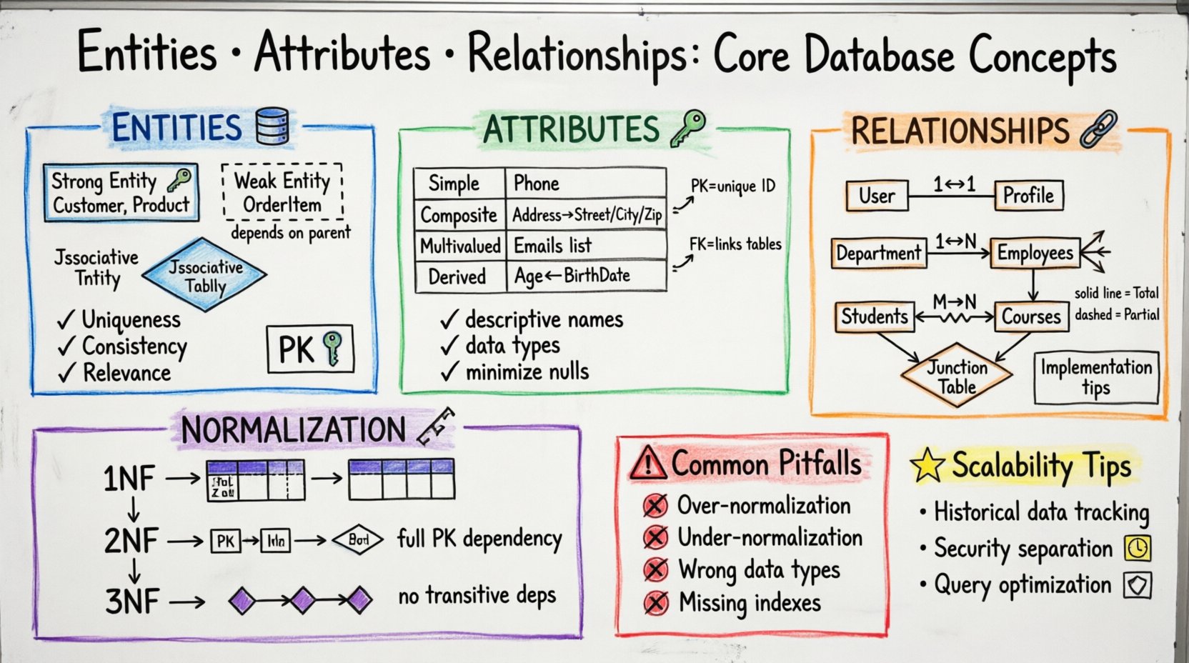 Hand-drawn whiteboard infographic illustrating core database design concepts: Entities (strong, weak, associative types with uniqueness/consistency/relevance criteria), Attributes (primary/foreign keys, simple/composite/multivalued/derived types with best practices), Relationships (1:1, 1:N, M:N cardinality with crow's foot notation, total/partial participation), Normalization steps (1NF, 2NF, 3NF), common pitfalls (over/under-normalization, data type errors, missing indexes), and scalability considerations. Color-coded sections with blue for entities, green for attributes, orange for relationships, purple for normalization. Features doodle-style icons, marker-style text, arrows, and visual hierarchy optimized for developers learning ERD fundamentals.