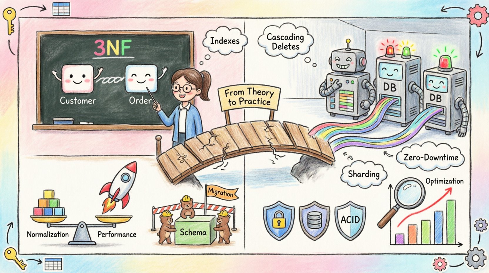Child-style drawing infographic illustrating the journey from academic Entity-Relationship Diagram concepts to production database systems, featuring classroom and server room scenes, relationship modeling, normalization versus performance trade-offs, schema migration strategies, and data integrity best practices