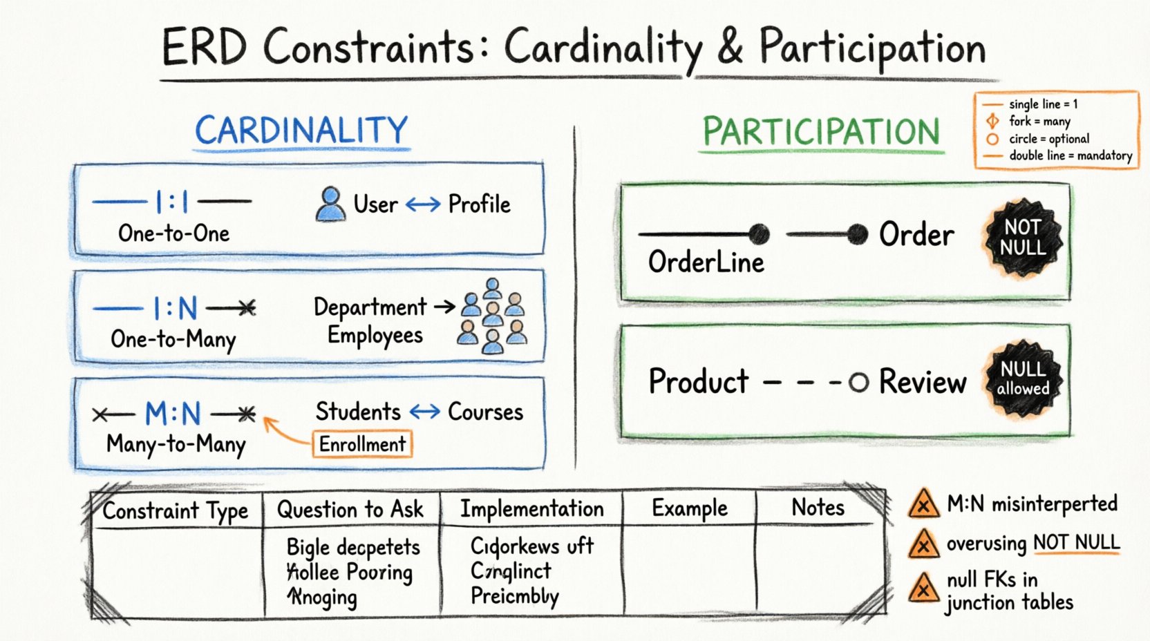 Hand-drawn whiteboard infographic explaining Entity-Relationship Diagram constraints: cardinality types (one-to-one User-Profile, one-to-many Department-Employee, many-to-many Student-Course via junction table) and participation constraints (total/mandatory with NOT NULL for OrderLine-Order, partial/optional with NULL allowed for Product-Review), featuring crow's foot notation symbols, real-world database examples, foreign key implementation tips, and common design pitfalls for software developers and data architects