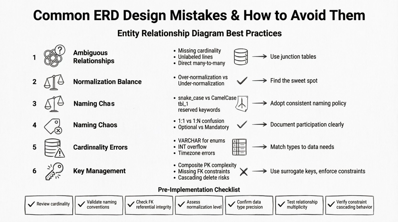 Line art infographic illustrating 6 common Entity Relationship Diagram design mistakes: ambiguous relationships, normalization balance issues, naming convention chaos, cardinality misinterpretation, data type inconsistencies, and key management errors—each paired with actionable solutions and a pre-implementation checklist for robust database schema design