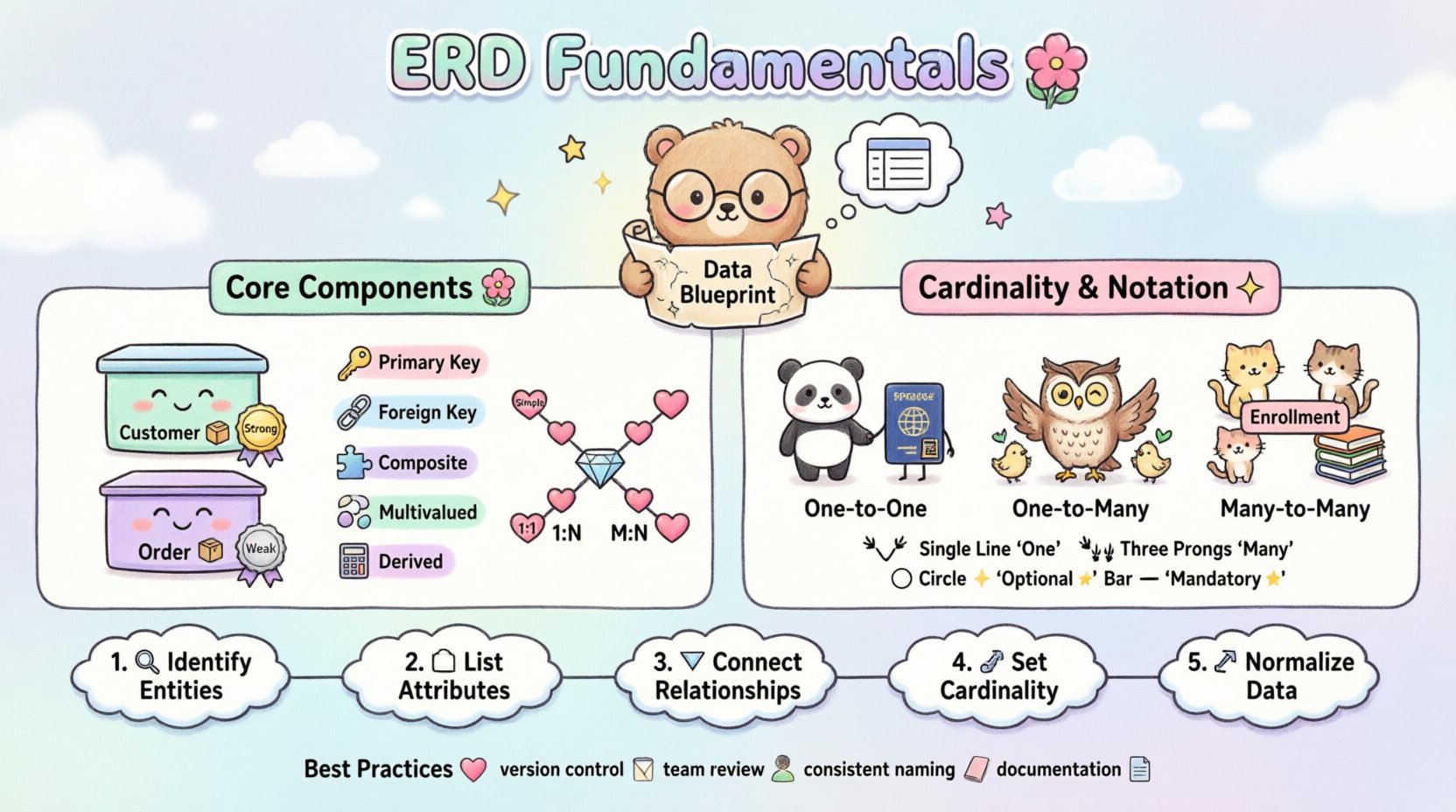 Kawaii-style infographic explaining Entity-Relationship Diagram fundamentals for beginners, featuring cute illustrations of entities, attributes, relationships, cardinality types (1:1, 1:N, M:N), Chen and Crow's Foot notation styles, and database design steps in soft pastel colors with adorable mascot characters