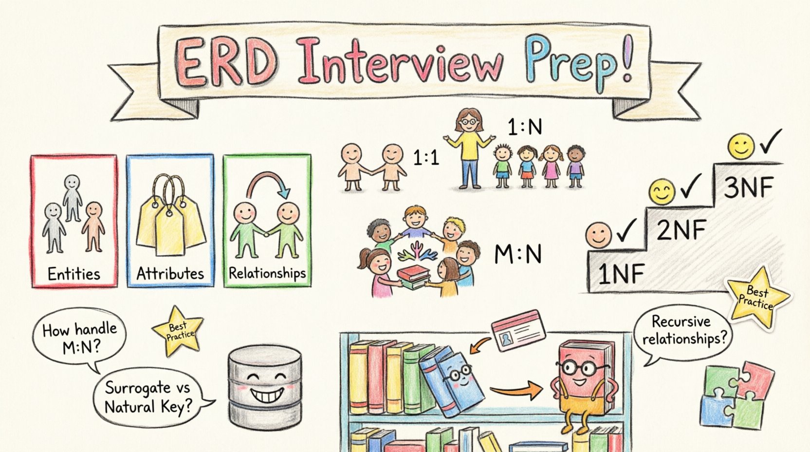 Child's drawing style infographic for database developer interview preparation covering Entity Relationship Diagram (ERD) fundamentals: entities, attributes, relationships, cardinality types (1:1, 1:N, M:N), normalization steps (1NF, 2NF, 3NF), common interview questions, and a library system scenario example, presented with playful crayon textures, bright colors, and simple hand-drawn illustrations for intuitive learning