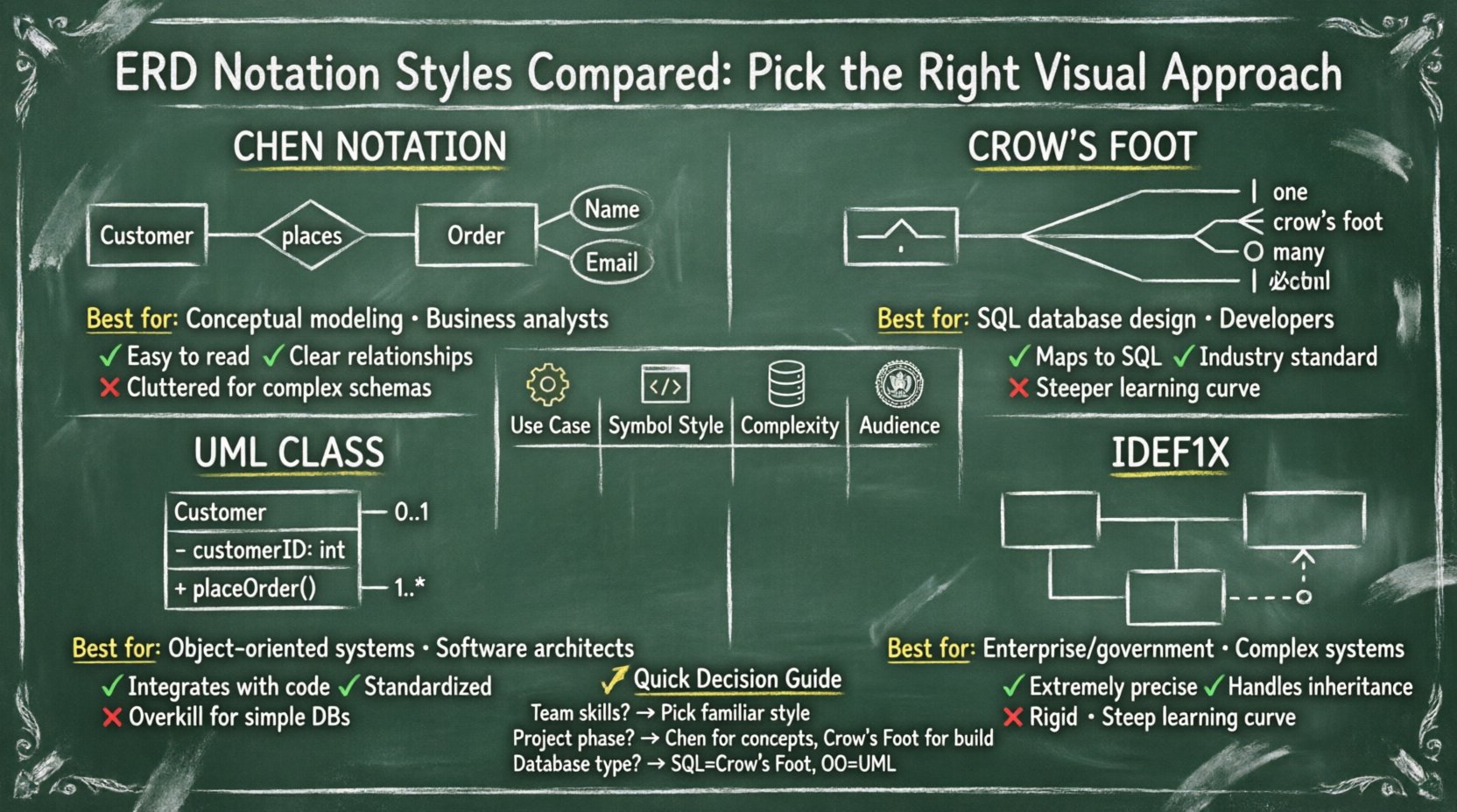 Chalkboard-style infographic comparing four ERD notation styles: Chen (diamond relationships for conceptual modeling), Crow's Foot (line symbols for SQL databases), UML Class (three-section boxes for object-oriented systems), and IDEF1X (structured lines for enterprise systems). Features hand-drawn symbols, teacher-friendly captions, pros/cons lists, and a quick decision guide to help teams select the right visual notation for their database project phase and audience.