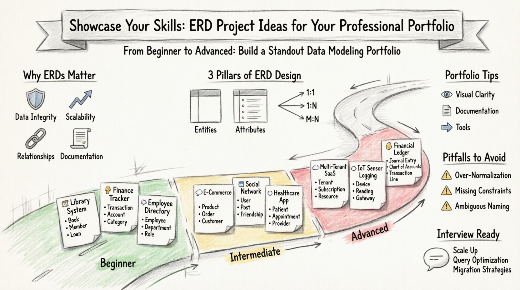 A sketch-style infographic titled 'Showcase Your Skills: ERD Project Ideas for Your Professional Portfolio' displaying a visual roadmap of entity relationship diagram projects organized by difficulty level - beginner (Library System, Finance Tracker, Employee Directory), intermediate (E-Commerce Platform, Social Network App, Healthcare System), and advanced (Multi-Tenant SaaS, IoT Sensor Logging, Financial Ledger) - with key ERD design principles including entities, attributes, and relationship cardinality, plus portfolio presentation tips and common pitfalls to avoid for software developers building their professional portfolio.