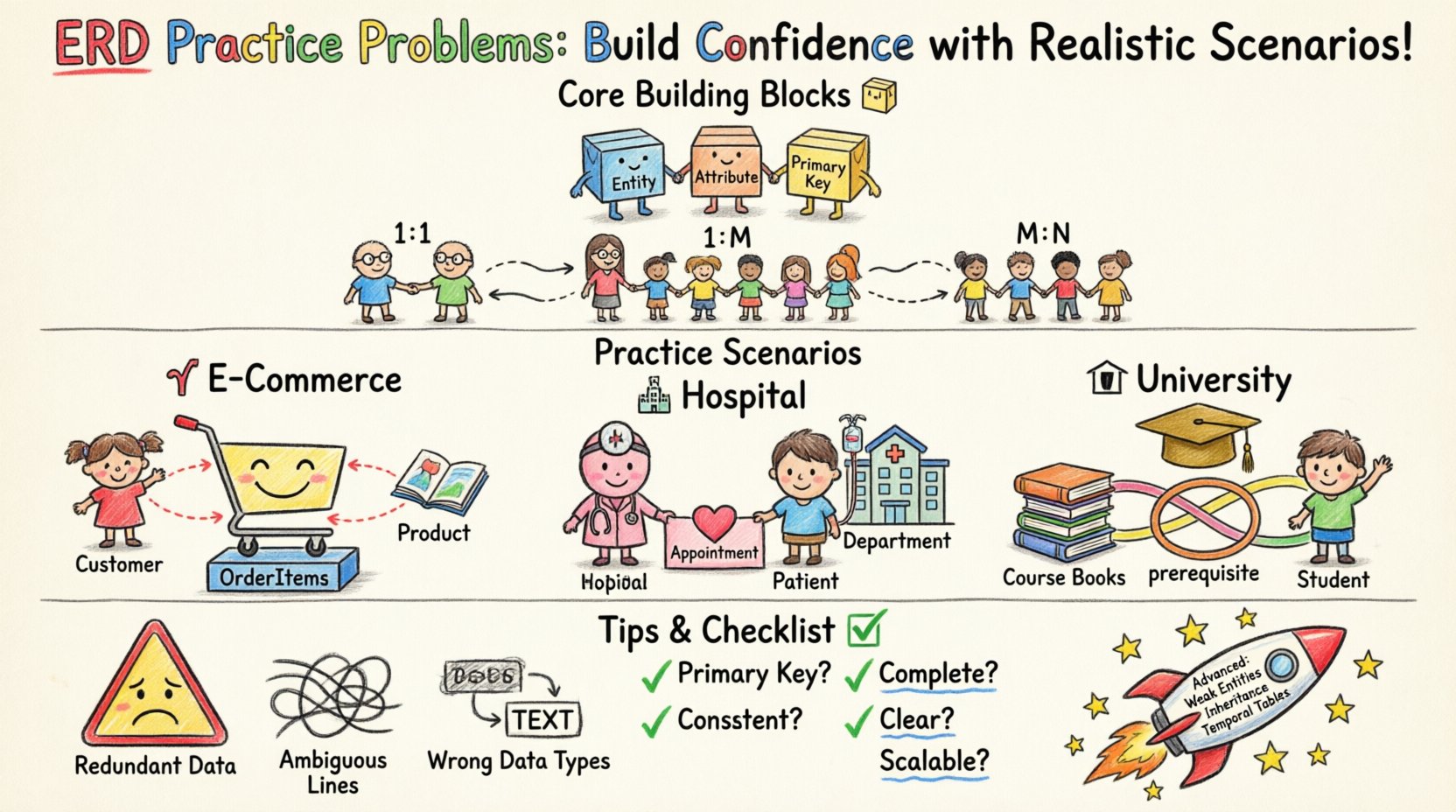 Child's drawing style infographic teaching ERD practice problems for database design, featuring colorful crayon illustrations of core components (entities, attributes, cardinality types), three realistic scenarios (e-commerce shopping cart, hospital management, university portal), common pitfalls with warning icons, step-by-step workflow checklist, and advanced concepts like weak entities and inheritance, all presented in playful hand-drawn aesthetic with bright colors and simple labels for intuitive learning