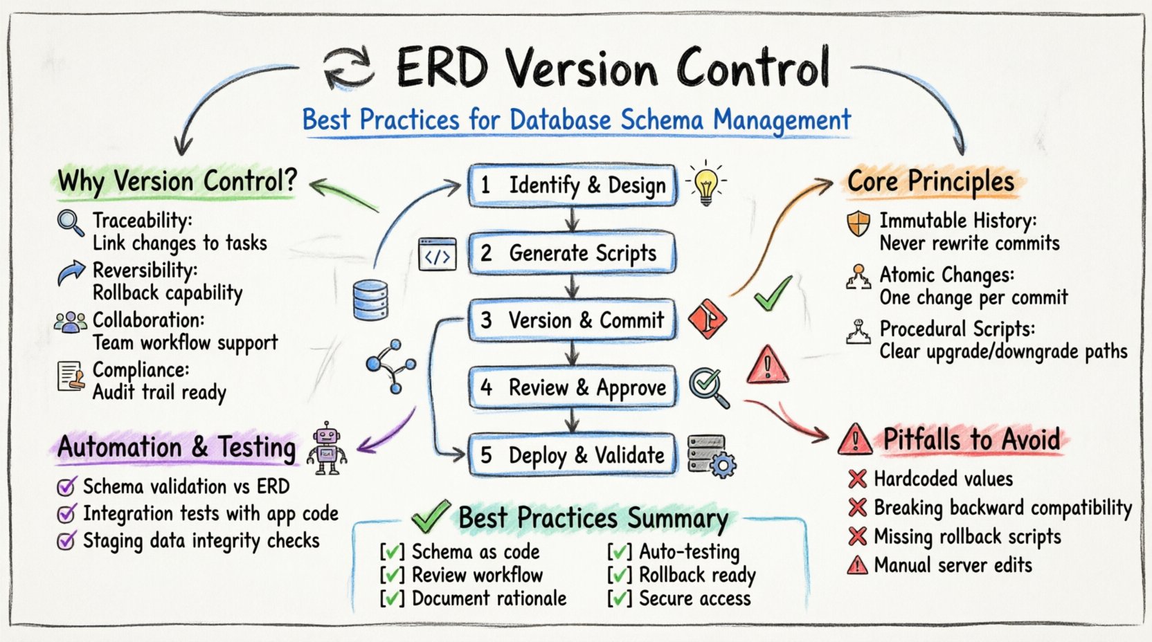 Hand-drawn whiteboard infographic illustrating version control best practices for Entity Relationship Diagram (ERD) changes, covering why schema versioning matters, core principles like immutable history and atomic changes, the 5-step lifecycle from design to deployment, conflict resolution strategies, automation testing approaches, common pitfalls to avoid, and a summary checklist for database model management