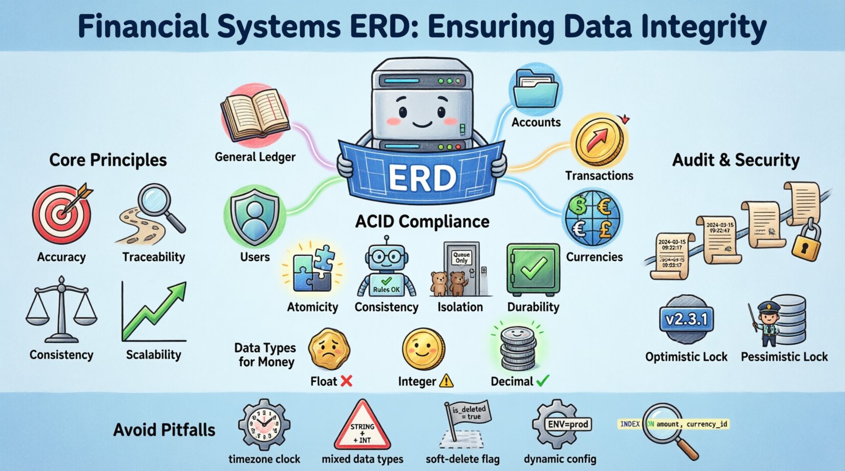 Cartoon infographic illustrating Financial Systems Entity Relationship Diagram (ERD) best practices for data integrity: shows core components (General Ledger, Accounts, Transactions, Currencies, Users), ACID compliance principles (Atomicity, Consistency, Isolation, Durability), recommended decimal data types for currency, optimistic vs pessimistic locking strategies, immutable audit trail patterns, and common pitfalls to avoid in financial database modeling