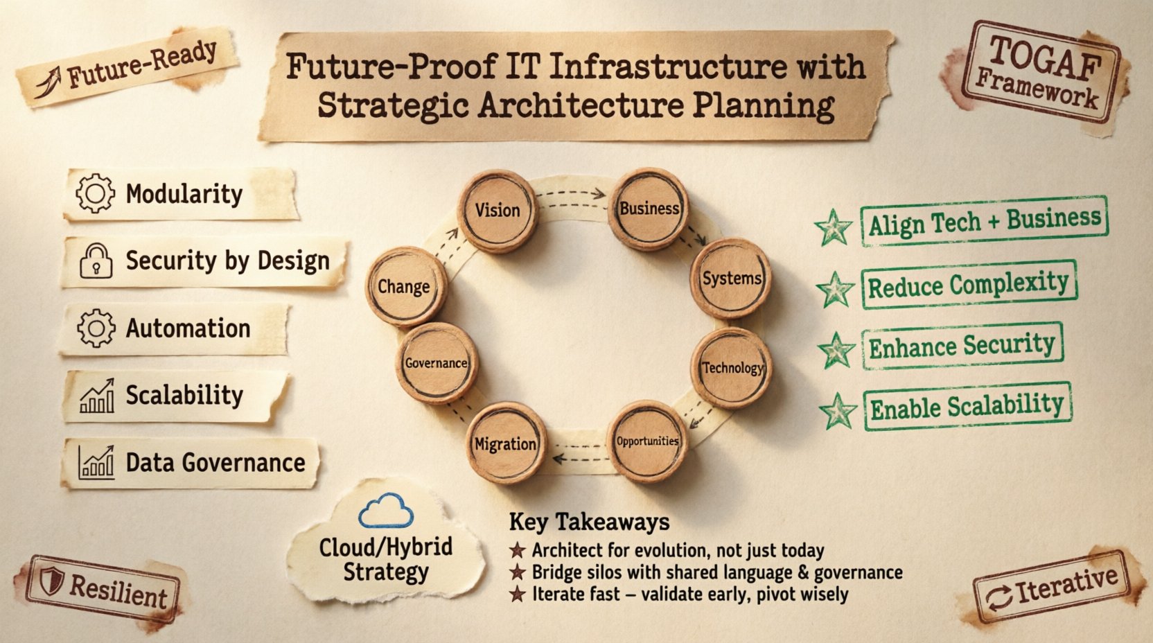 Infographic summarizing future-proof IT infrastructure planning with TOGAF framework: displays the 8-phase Architecture Development Method cycle (Vision, Business, Systems, Technology, Opportunities, Migration, Governance, Change), five core pillars (modularity, security by design, automation, scalability, data governance), key benefits including business alignment and reduced complexity, cloud/hybrid strategy considerations, and implementation takeaways, presented in a decorative stamp and washi tape scrapbook style with warm craft tones and handcrafted aesthetic