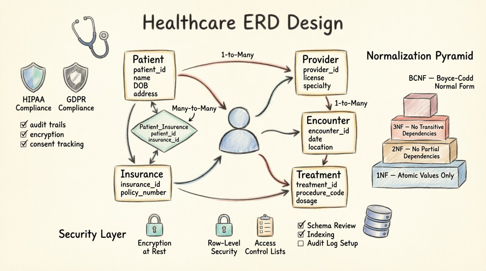 Hand-drawn infographic illustrating Healthcare Entity Relationship Diagram (ERD) design principles: central Patient entity connected to Provider, Encounter, Treatment, and Insurance entities with relationship cardinality annotations; compliance shields for HIPAA/GDPR featuring audit trails, encryption, and consent tracking; normalization pyramid (1NF-2NF-3NF); security layers including row-level access control and encryption; best practices checklist for medical database schema design with precision, data integrity, and regulatory compliance