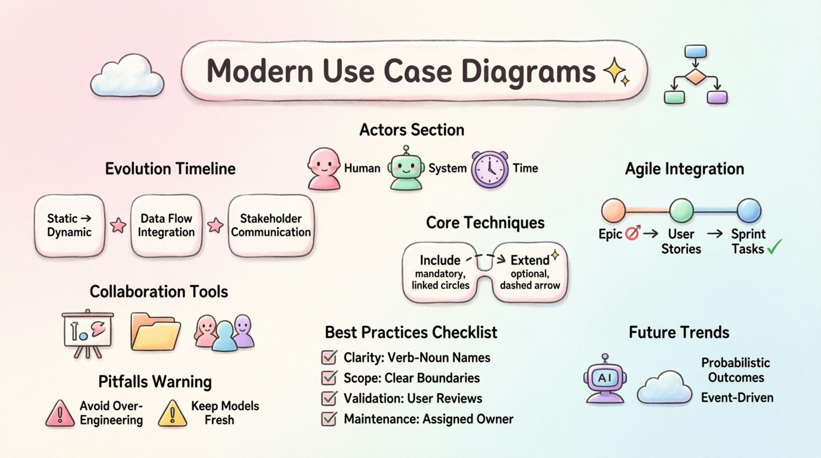 Kawaii-style infographic illustrating innovative approaches to use case diagrams in contemporary engineering, featuring evolution from static to dynamic modeling, actor types (human, system, time), include/extend relationships, Agile/DevOps integration, collaborative strategies, best practices checklist, and future trends in AI and cloud-native architectures, rendered in pastel colors with cute vector icons
