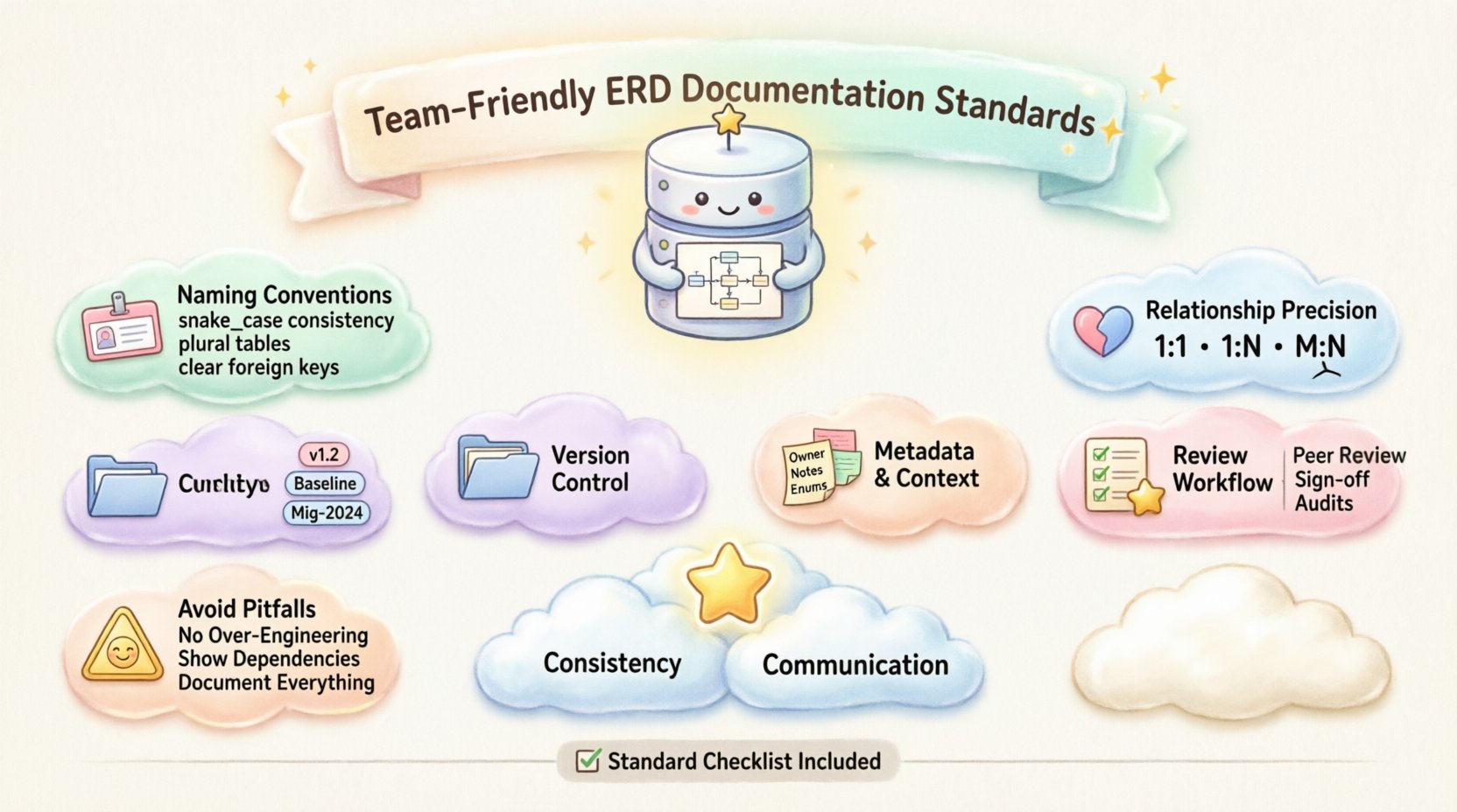 Cute kawaii-style infographic illustrating team-friendly ERD documentation standards with six key sections: naming conventions (snake_case, plural tables, clear foreign keys), relationship precision (1:1, 1:N, M:N cardinality with crow's feet notation), version control (change logs, baselines, migration tracking), metadata context (data stewardship, descriptive notes, enum values), review workflow (peer review, stakeholder sign-off, automated audits), and common pitfalls to avoid (over-engineering, hidden dependencies). Features soft pastel colors, rounded vector icons, a friendly database mascot, and emphasizes the three foundational pillars: clarity, consistency, and communication for collaborative database design and team productivity.