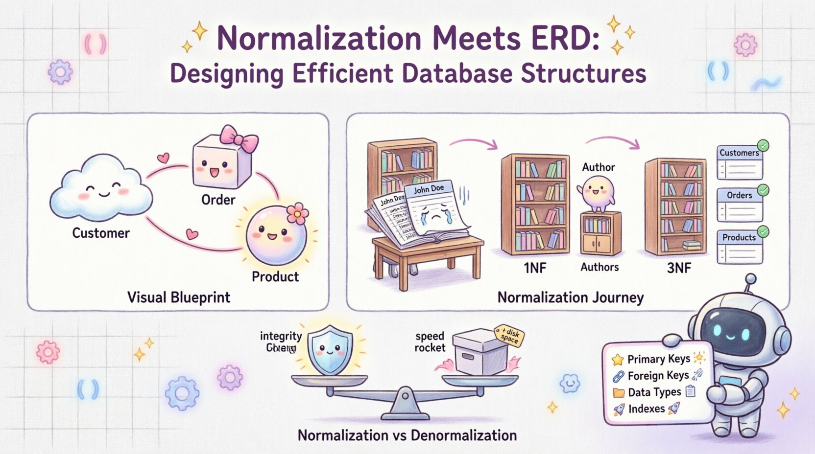 Kawaii-style educational infographic illustrating how Entity Relationship Diagrams (ERD) and database normalization work together to create efficient database structures, featuring cute pastel visuals of the 3-step normalization process (1NF, 2NF, 3NF), a library example showing data redundancy reduction, normalization vs denormalization trade-offs, and best practices checklist for database design