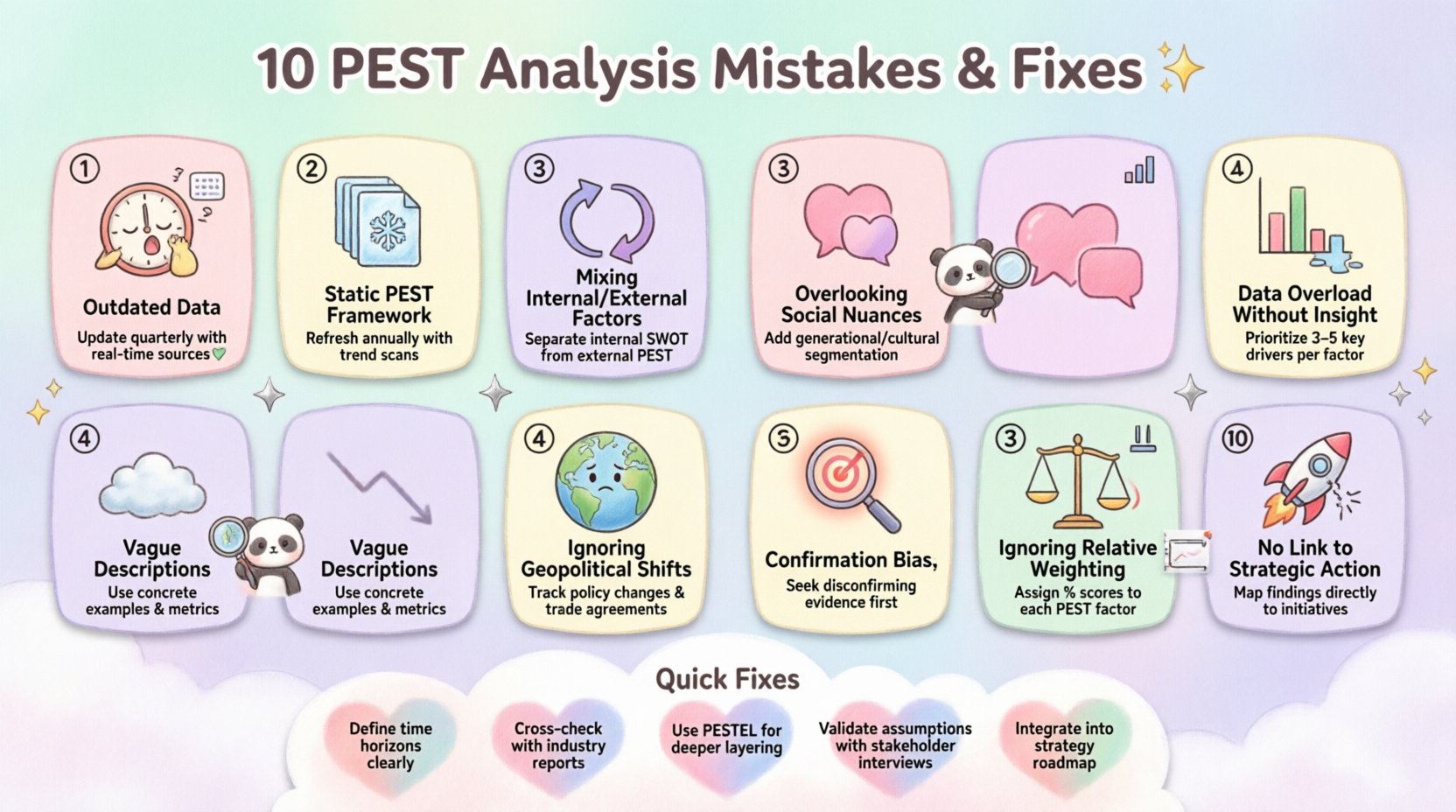 Kawaii-style infographic showing 10 common PEST analysis mistakes and how to fix them: outdated data, static lists, internal/external confusion, vagueness, geopolitical blind spots, overlooked social nuances, data overload, confirmation bias, unweighted factors, and missing action links. Features cute pastel icons, chibi characters, and playful design for engaging strategic planning presentations in 16:9 format.