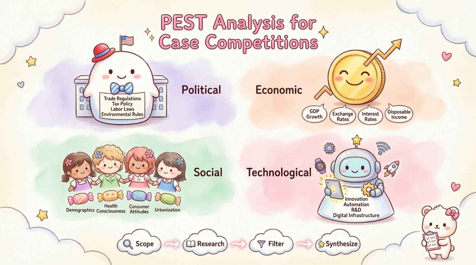 Kawaii-style infographic illustrating PEST Analysis framework for business case competitions, featuring adorable characters representing Political, Economic, Social, and Technological factors with key considerations, 4-step implementation workflow, and strategic tips in soft pastel colors with playful typography