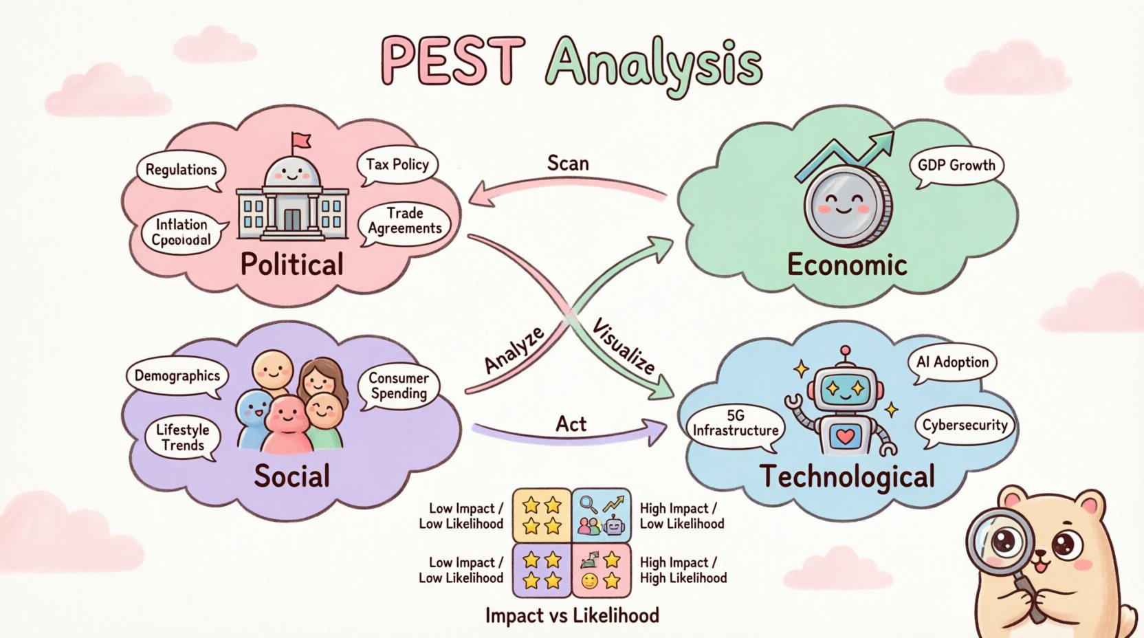 Adorable kawaii-style vector infographic illustrating the PEST Analysis strategic framework with four pastel-colored rounded sections for Political, Economic, Social, and Technological external factors, featuring cute simplified icons, a friendly mascot character, and a visual workflow showing how to map macro-environmental forces for clearer business decision-making