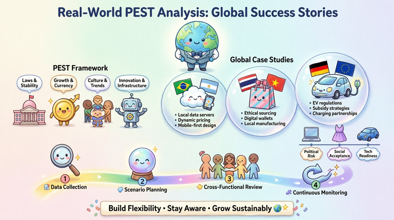 A comprehensive, cute kawaii-style infographic in 16:9 format showing how top firms use PEST analysis (Political, Economic, Social, Technological factors) to navigate global markets. Features a smiling globe mascot header, four adorable PEST factor icons with expressive faces, three regional case studies (Latin America tech expansion, Southeast Asia retail growth, European automotive EV transition) with country flags and key insights, a simplified comparative industry chart, and a 4-step implementation roadmap with cute signpost characters. Pastel color palette with mint, pink, lavender and sky blue. Footer emphasizes 'Build Flexibility • Stay Aware • Grow Sustainably' with decorative stars. All text in clear English for accessibility.