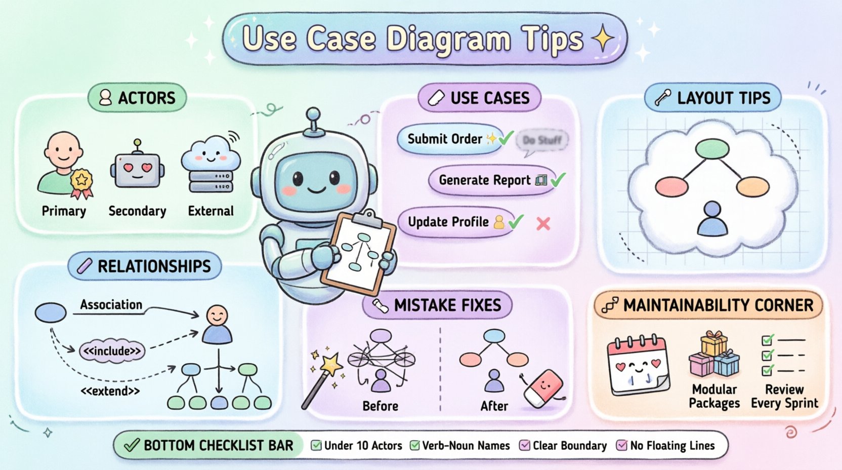 Adorable kawaii-style infographic illustrating practical tips for creating readable and maintainable use case diagrams, featuring cute actor characters, verb-noun use case examples, include/extend relationship guides, system boundary layout tips, common mistake corrections, and a best practices checklist in soft pastel colors with playful icons and rounded design elements
