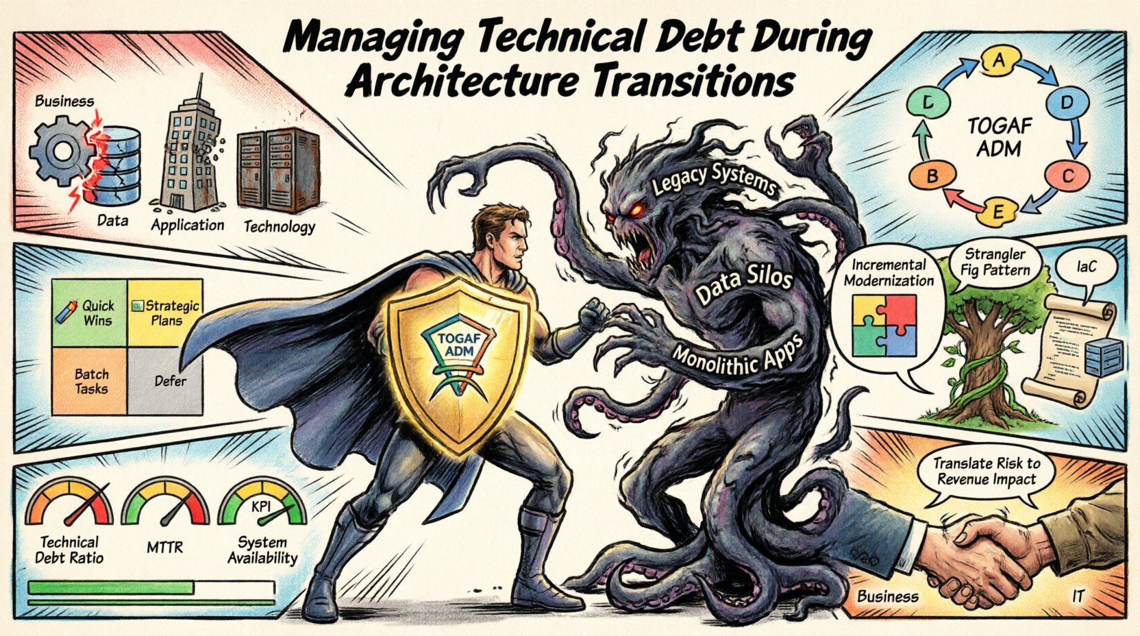 Comic book style infographic illustrating how to manage technical debt during enterprise architecture transitions using TOGAF framework, showing four debt types (business, data, application, technology), ADM phases, impact-effort prioritization matrix, remediation strategies like incremental modernization and strangler fig pattern, and key KPIs for measuring debt reduction