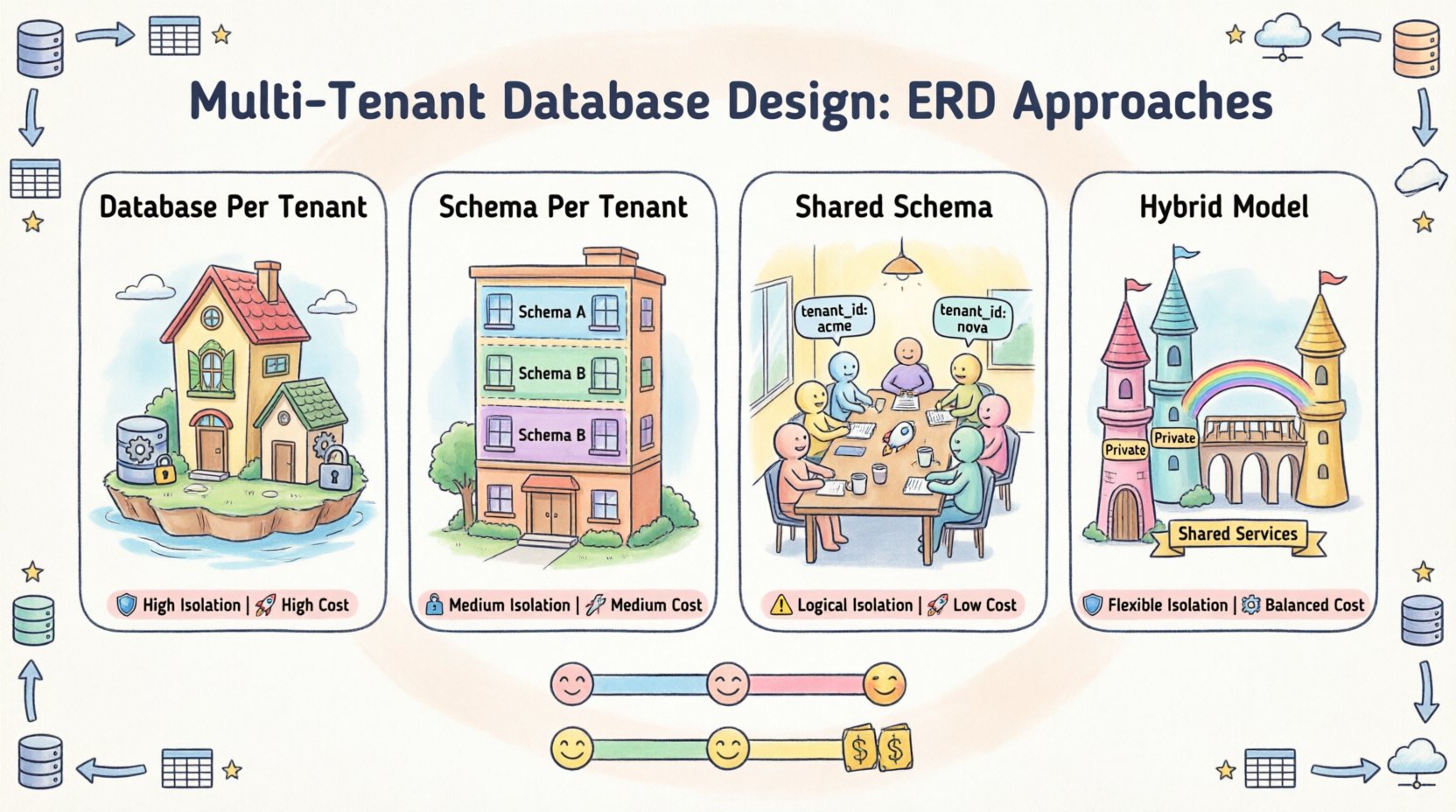 Whimsical infographic illustrating four multi-tenant database design strategies: Database Per Tenant (separate cottages on islands), Schema Per Tenant (apartment building with colored floors), Shared Schema (co-working space with tenant_id name tags), and Hybrid Model (modular castle), with visual comparisons of isolation, cost, and maintenance trade-offs for SaaS architecture planning