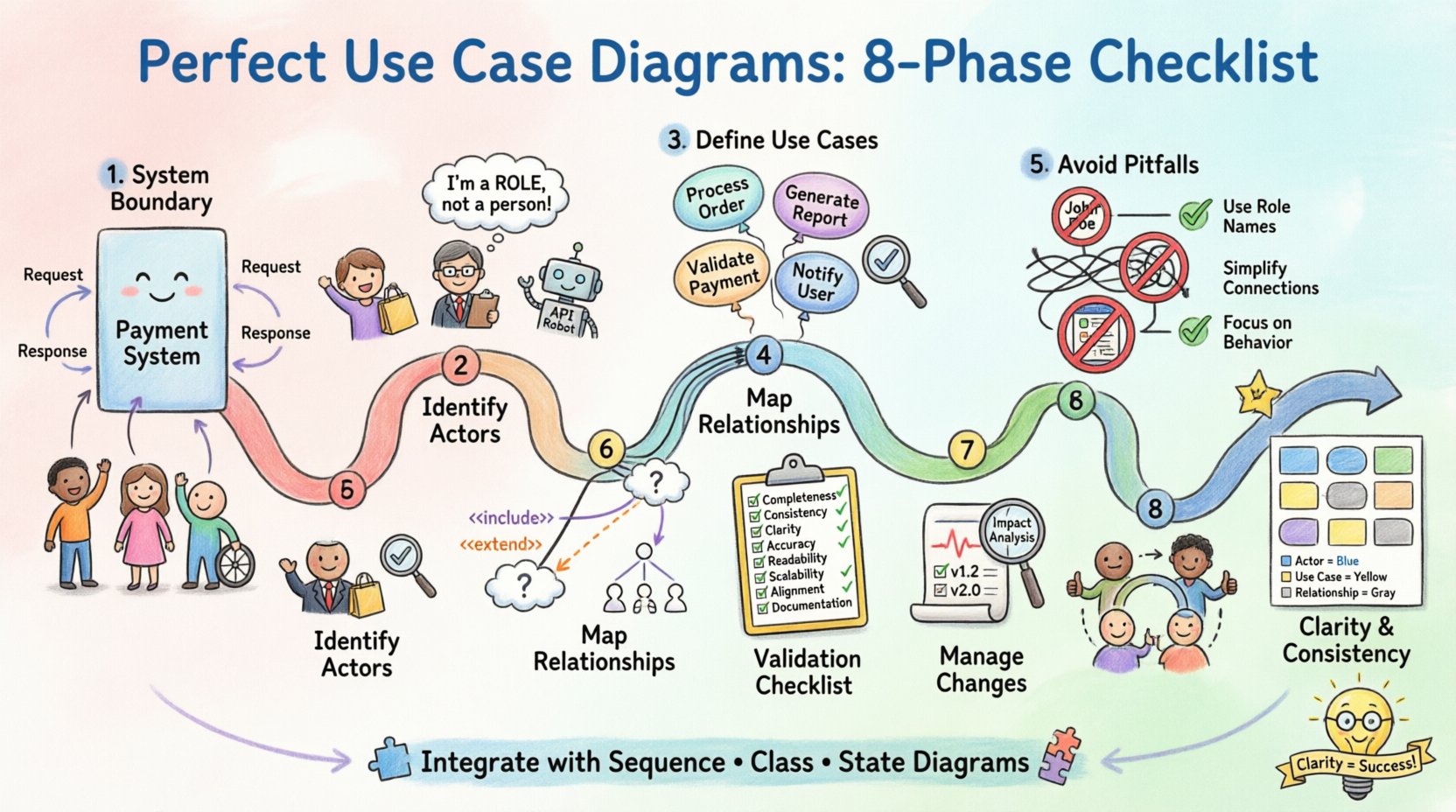 Whimsical 16:9 infographic illustrating an 8-phase checklist for creating perfect use case diagrams: defining system boundaries, identifying role-based actors, writing verb-object use cases, mapping include/extend/generalization relationships, avoiding common pitfalls, validating with an 8-point checklist, managing changes over time, and ensuring visual clarity—with playful icons, a winding milestone path, and integration tips for sequence, class, and state diagrams