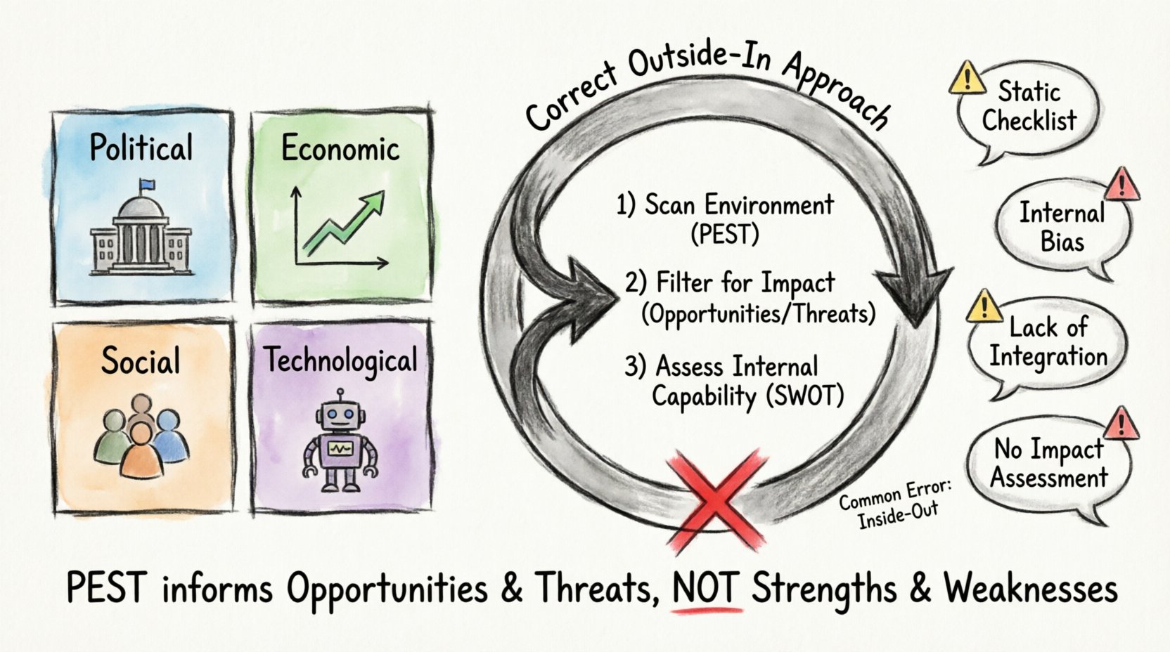 Hand-drawn infographic explaining the correct PEST analysis framework with thick outline strokes. Features four color-coded sections for Political (government building icon), Economic (chart icon), Social (people icon), and Technological (robot icon) factors. Central workflow diagram shows the proper outside-in strategic approach: Scan Environment → Filter for Impact → Assess Internal Capability, with a red X marking the common backwards error. Right panel highlights four pitfalls to avoid: static checklist mentality, internal bias, lack of integration, and missing impact assessment. Bottom banner emphasizes that PEST factors inform Opportunities and Threats in SWOT analysis, not Strengths and Weaknesses. Clean white background with subtle paper texture and hand-lettered English typography throughout.