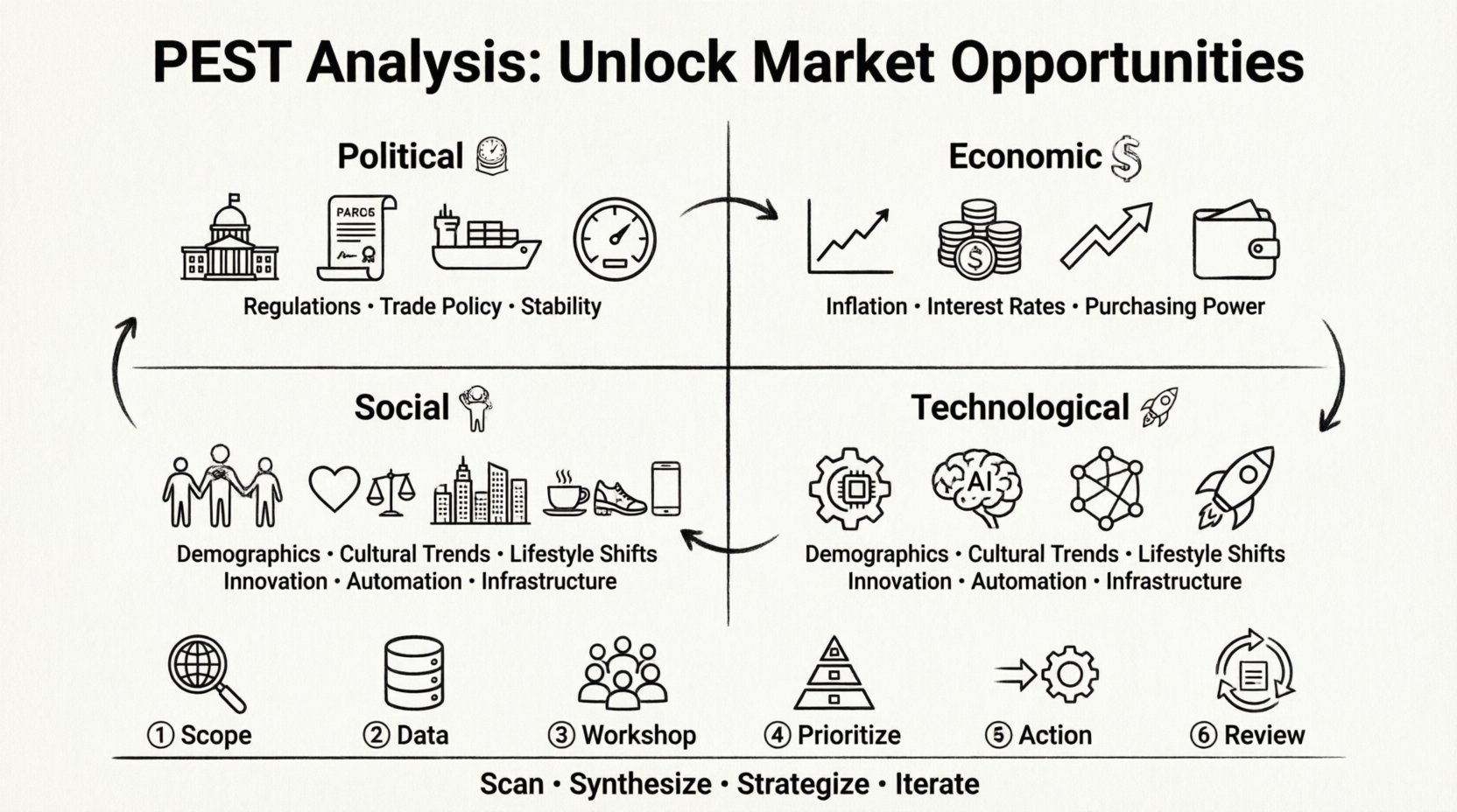 Line art infographic illustrating the PEST analysis framework for strategic market planning, featuring four interconnected quadrants: Political (regulations, trade policy, stability icons), Economic (inflation, interest rates, purchasing power icons), Social (demographics, cultural trends, lifestyle icons), and Technological (innovation, automation, infrastructure icons), with a six-step implementation workflow at the bottom showing scope, data gathering, workshop, prioritization, action planning, and review cycle, all rendered in clean minimalist black line drawings on white background for professional business presentations