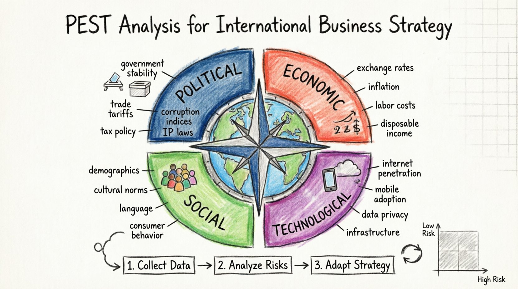 Marker-style infographic illustrating the PEST analysis framework for international business strategy, featuring Political, Economic, Social, and Technological factors with hand-drawn icons, risk matrices, and a step-by-step workflow for global market expansion and cross-border risk assessment