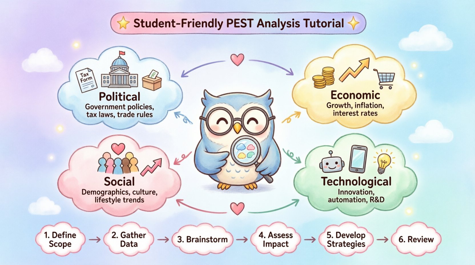 Kawaii-style educational infographic explaining PEST analysis framework for students, featuring a cute mascot surrounded by four pastel-colored sections: Political (government policies, tax laws), Economic (growth, inflation, interest rates), Social (demographics, culture, lifestyle trends), and Technological (innovation, automation, R&D), plus a simple 6-step process flowchart for conducting analysis, all in adorable rounded design with friendly icons and pastel gradients